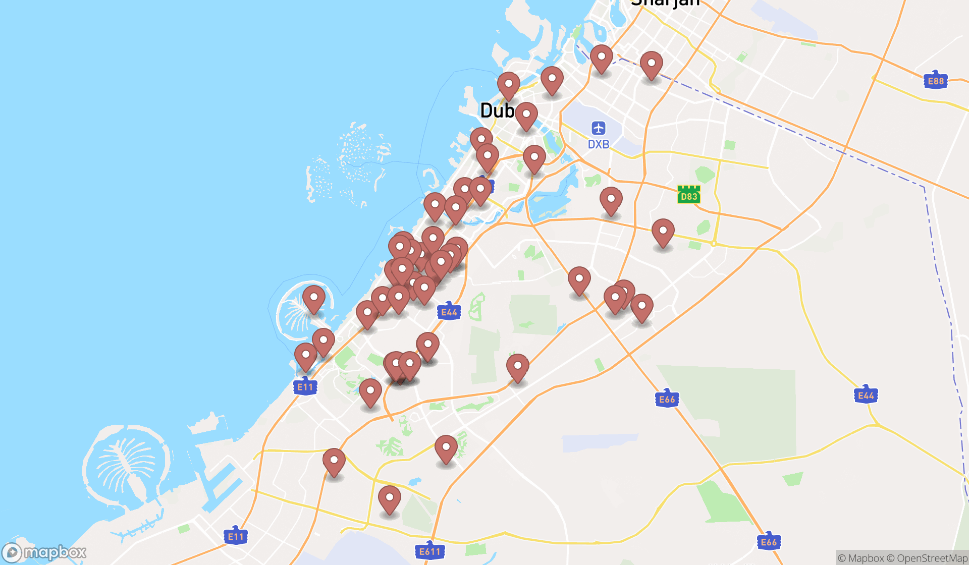 Map showing the search results in Dubai