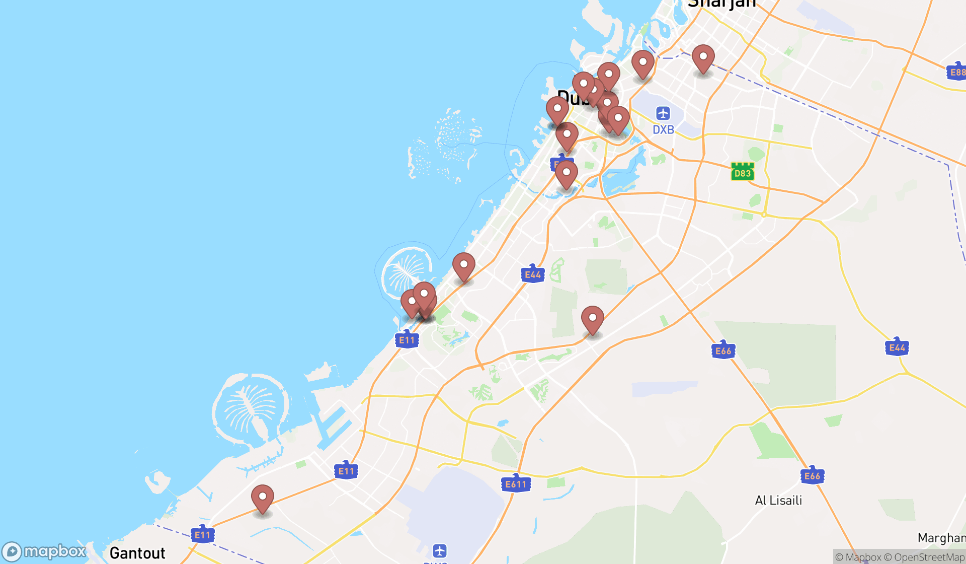 Map showing the search results in Dubai
