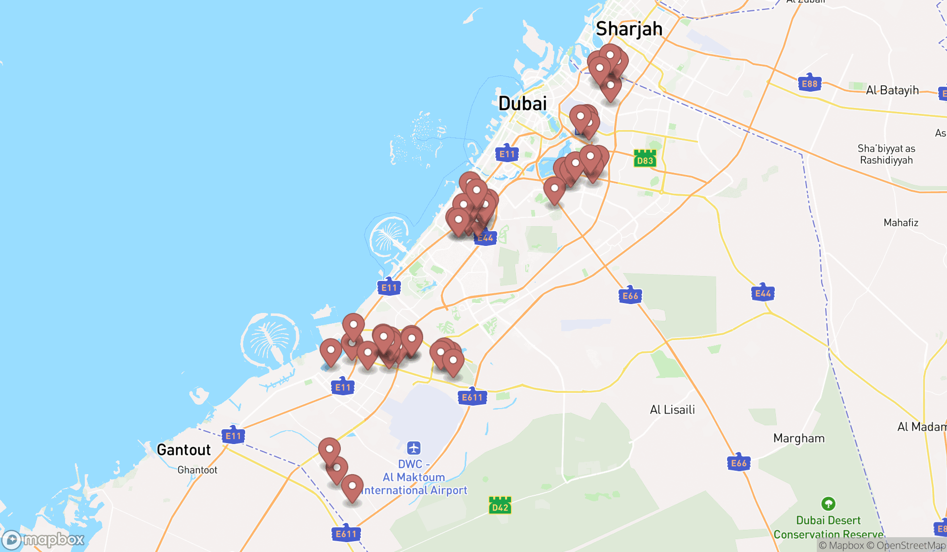 Map showing the search results in Dubai