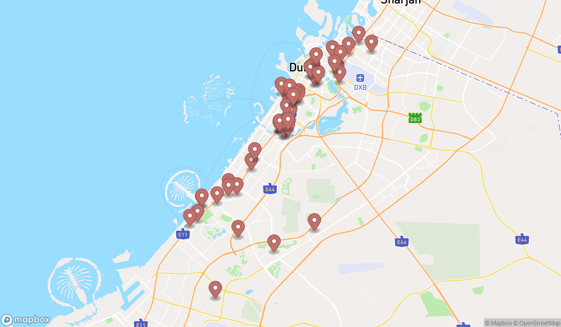 Map showing the search results in Dubai