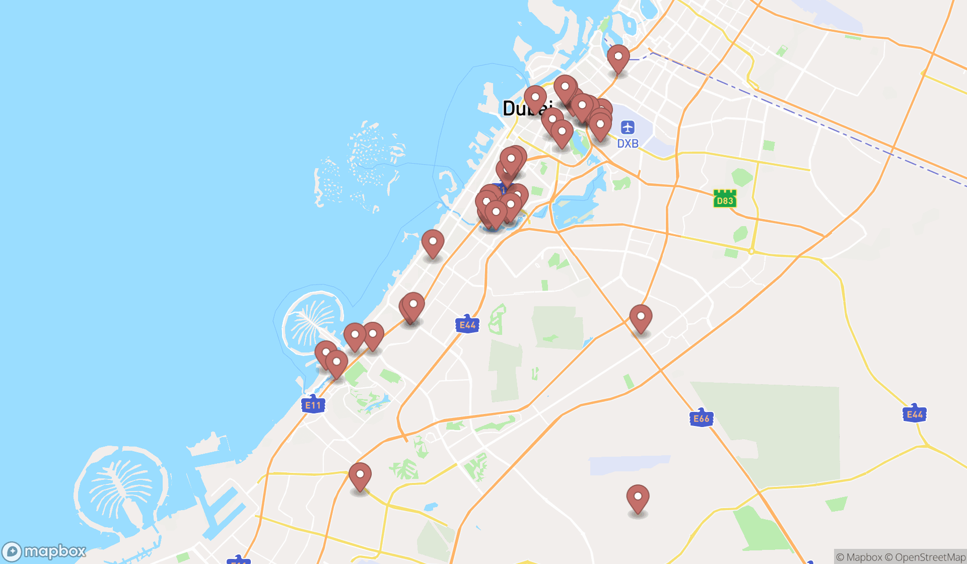 Map showing the search results in Dubai