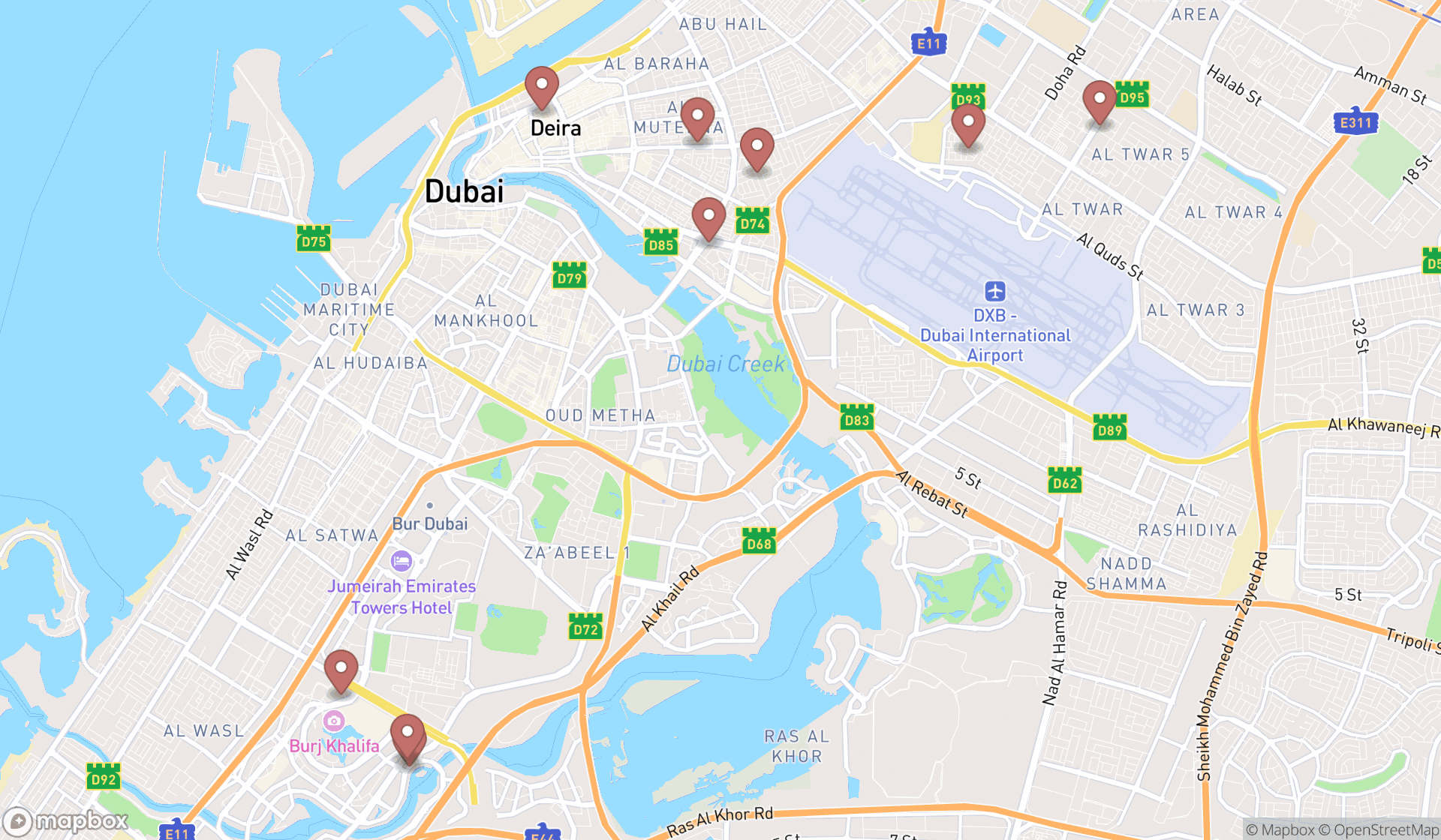 Map showing the search results in Dubai