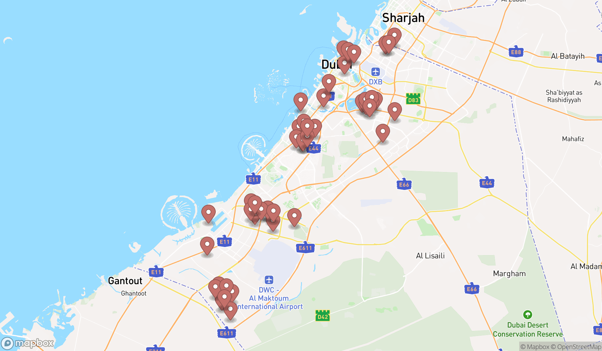 Map showing the search results in Dubai