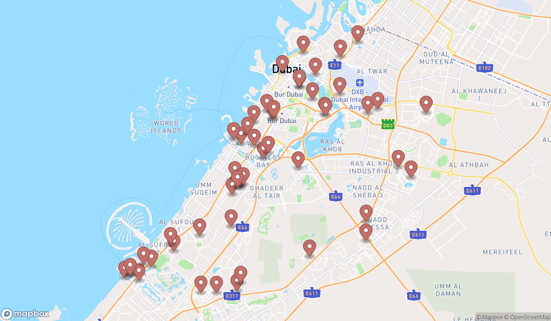 Map showing the search results in Dubai