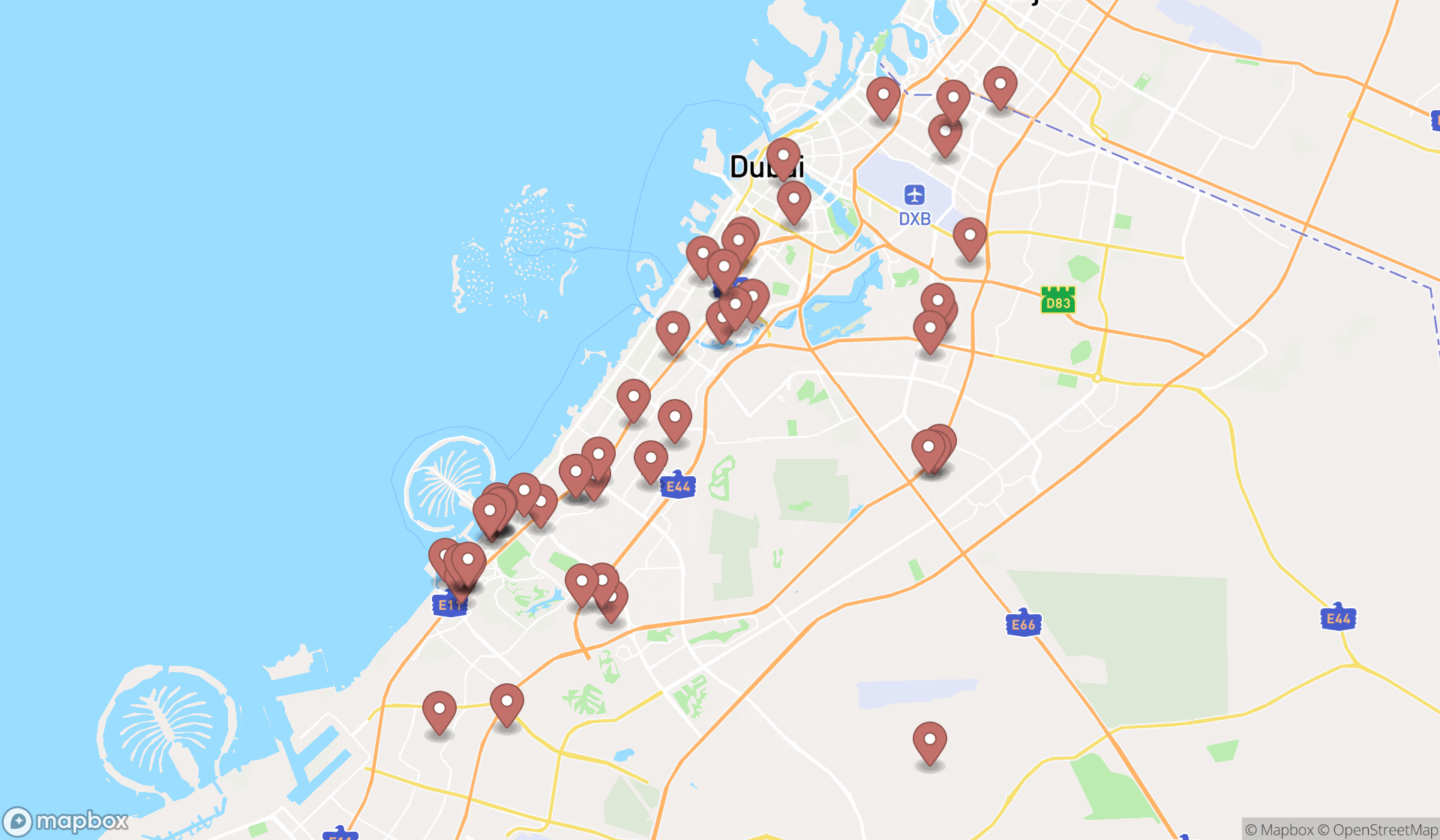 Map showing the search results in Dubai