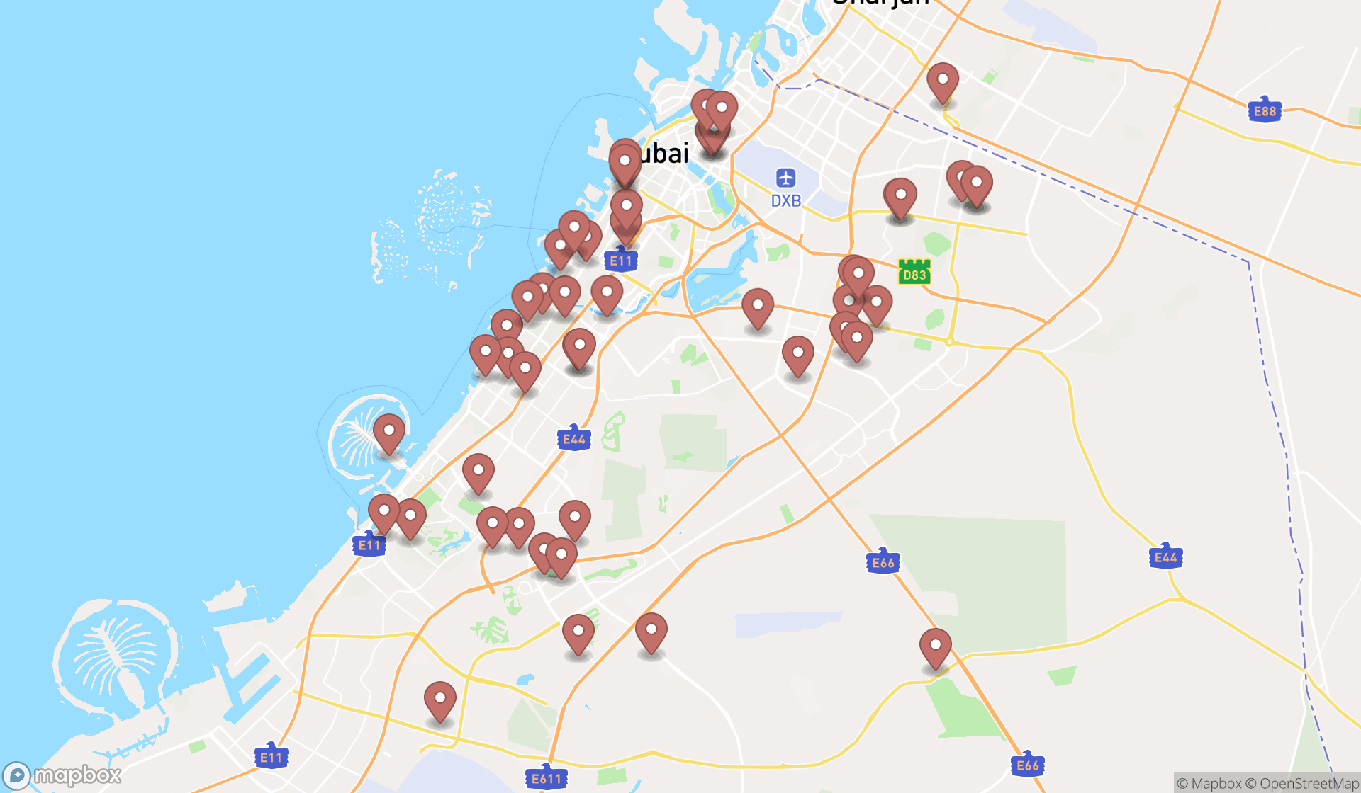 Map showing the search results in Dubai