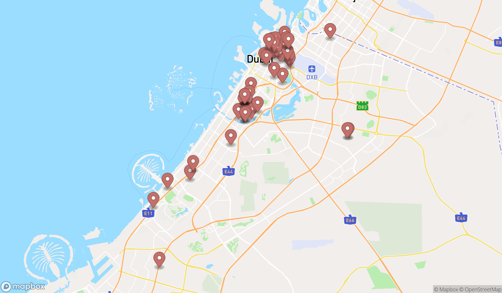 Map showing the search results in Dubai