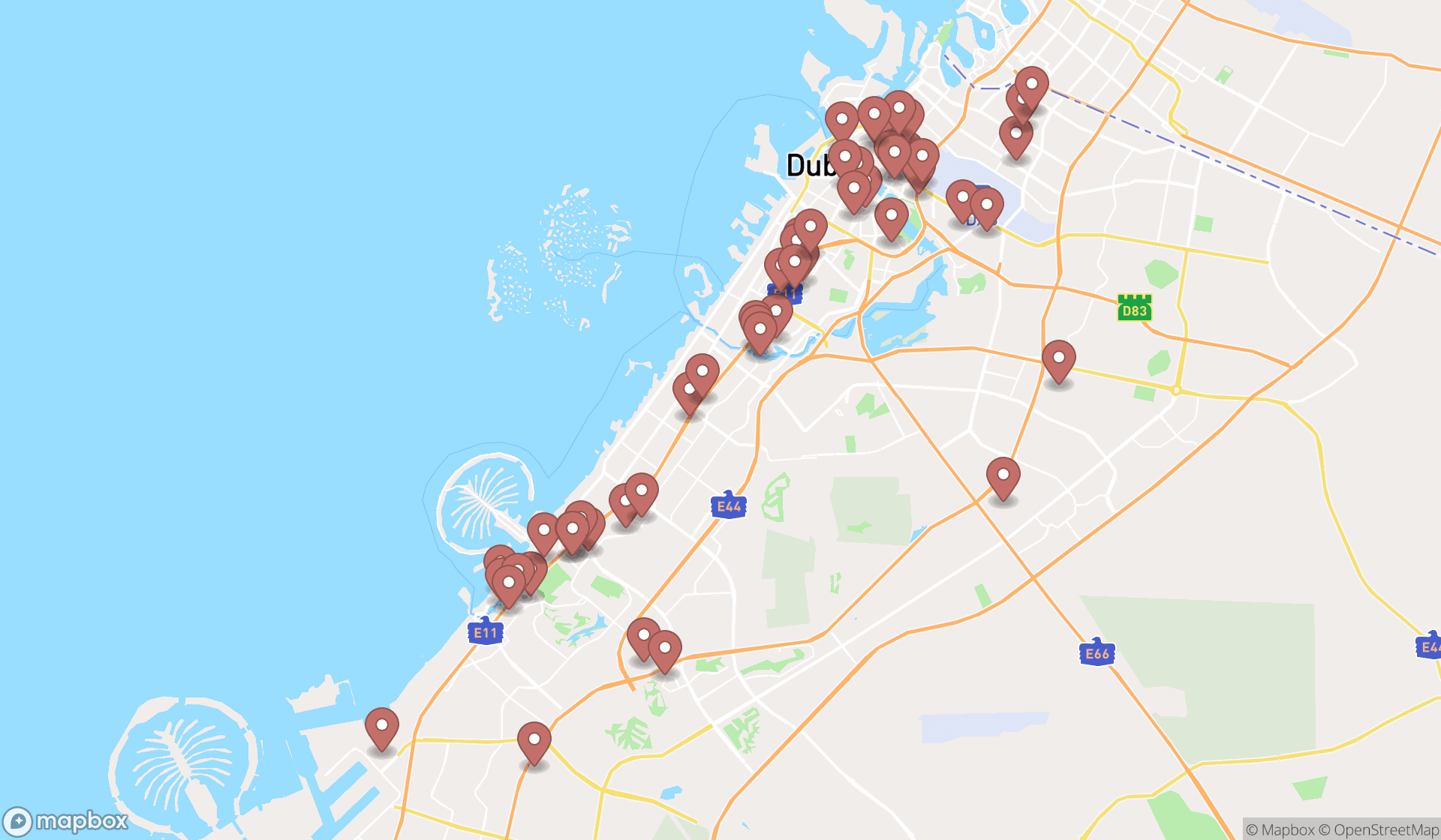 Map showing the search results in Dubai