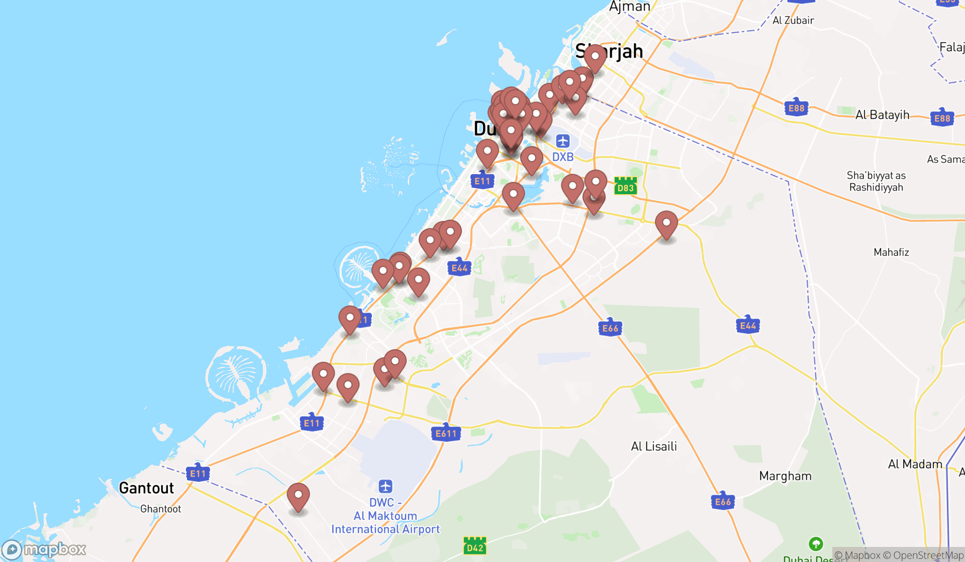 Map showing the search results in Dubai