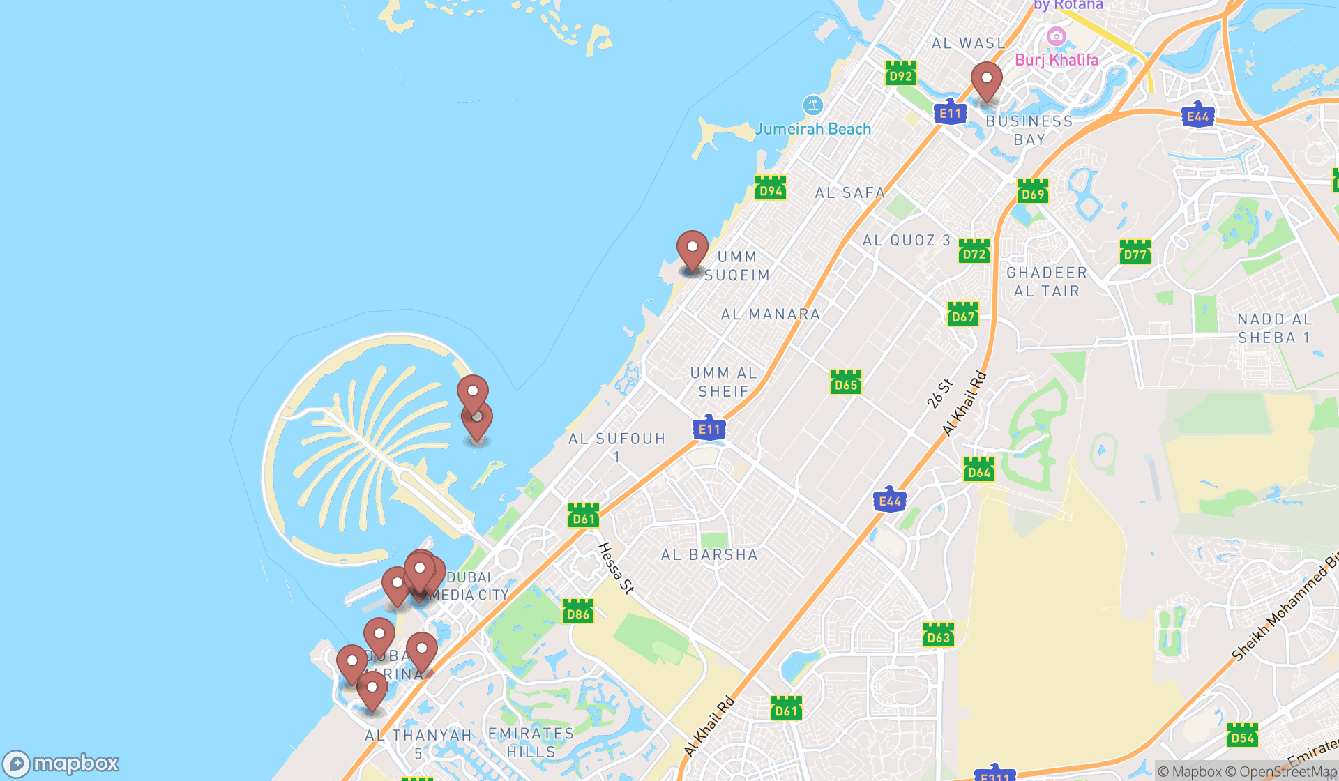 Map showing the search results in Dubai