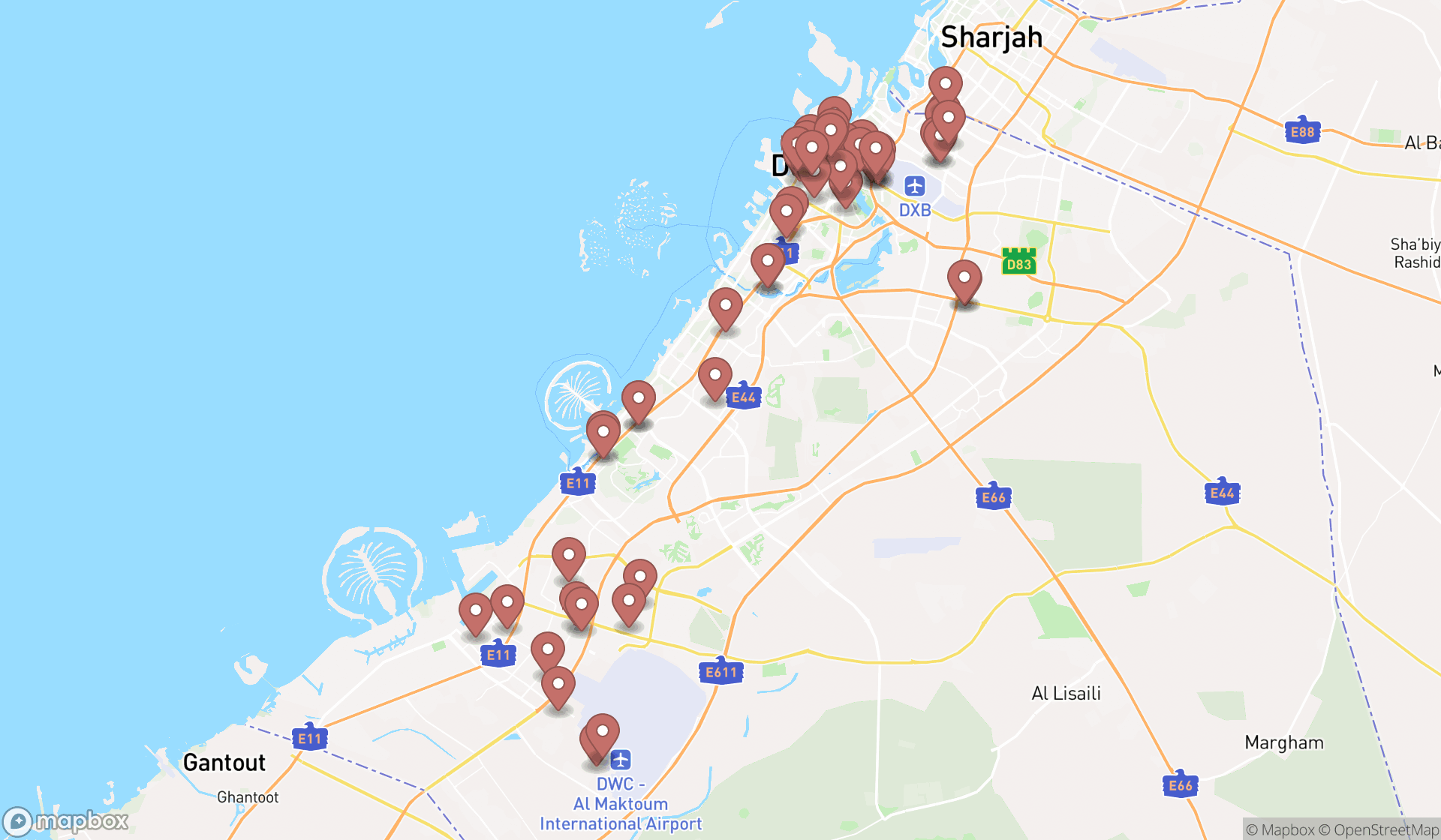 Map showing the search results in Dubai