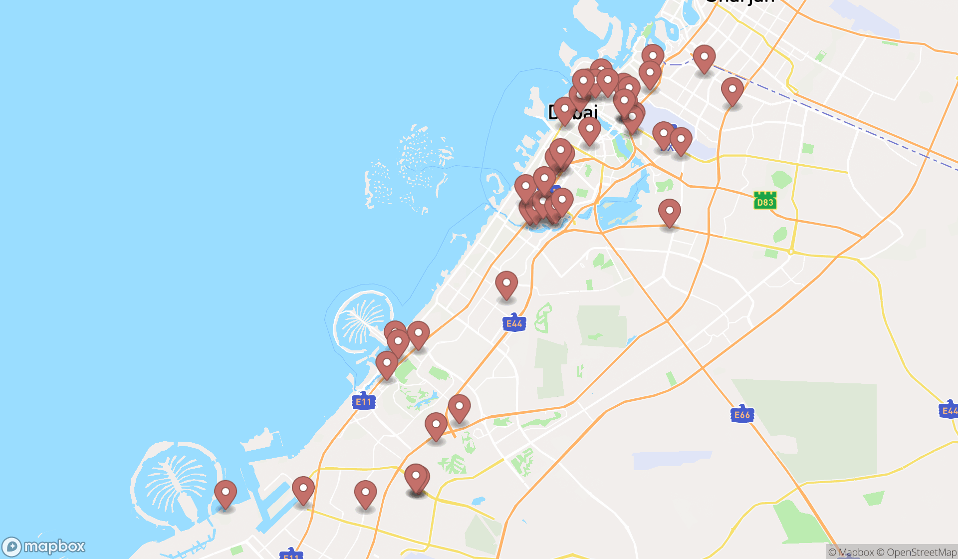Map showing the search results in Dubai