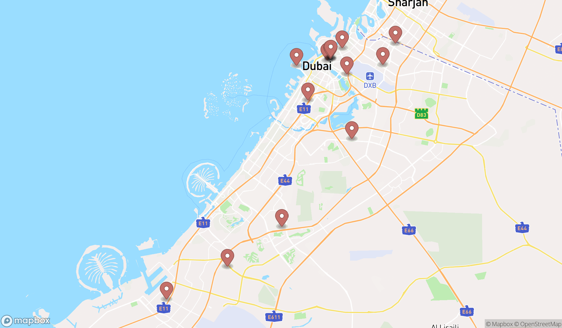 Map showing the search results in Dubai