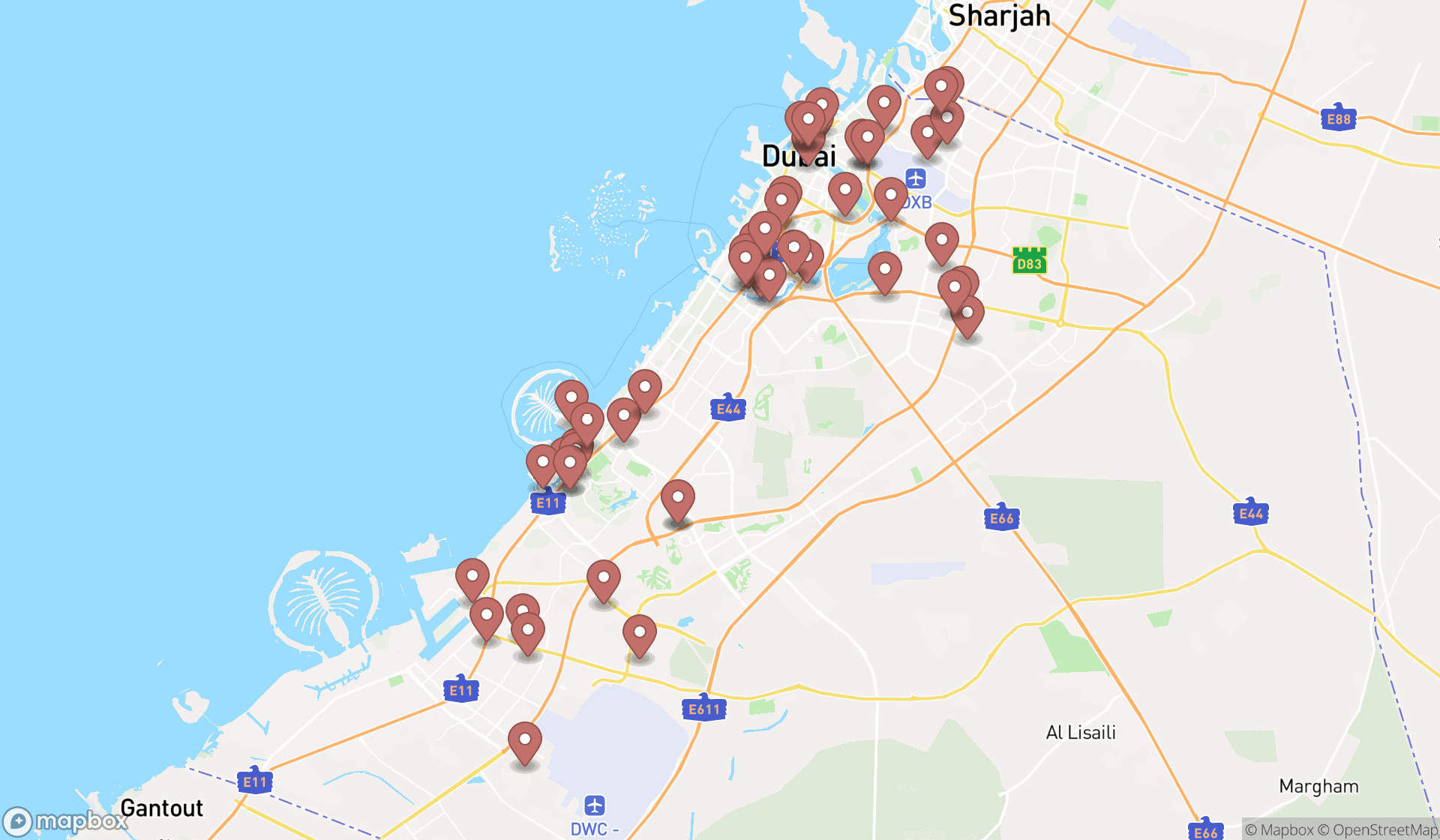 Map showing the search results in Dubai