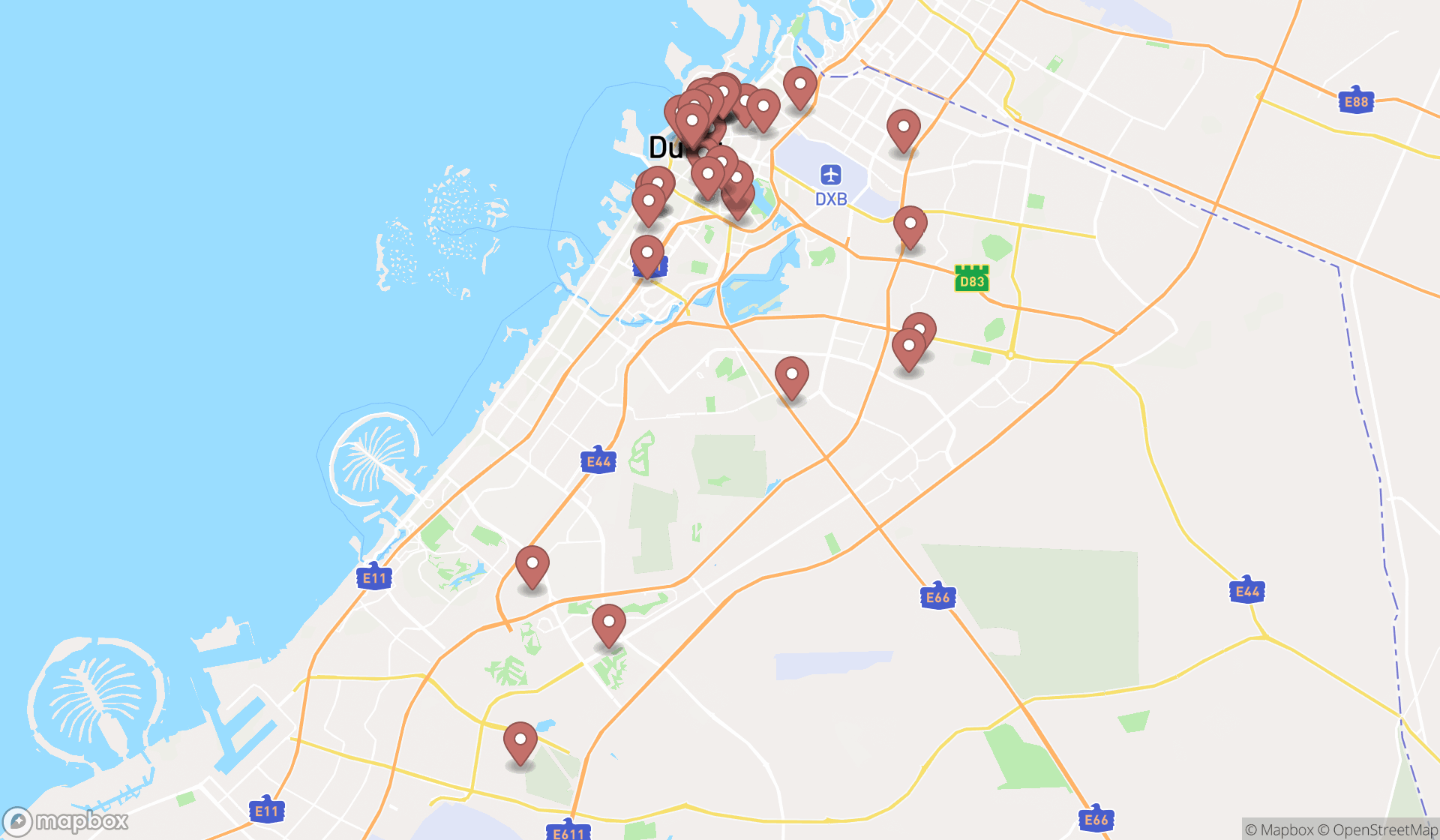 Map showing the search results in Dubai