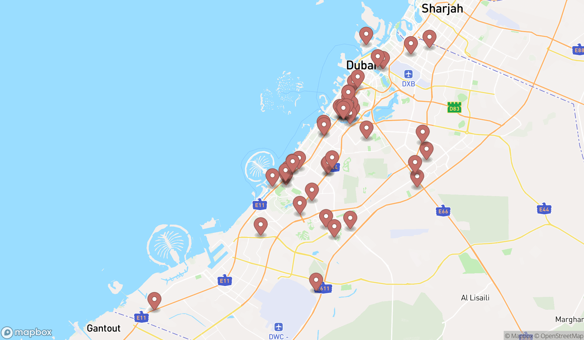Map showing the search results in Dubai