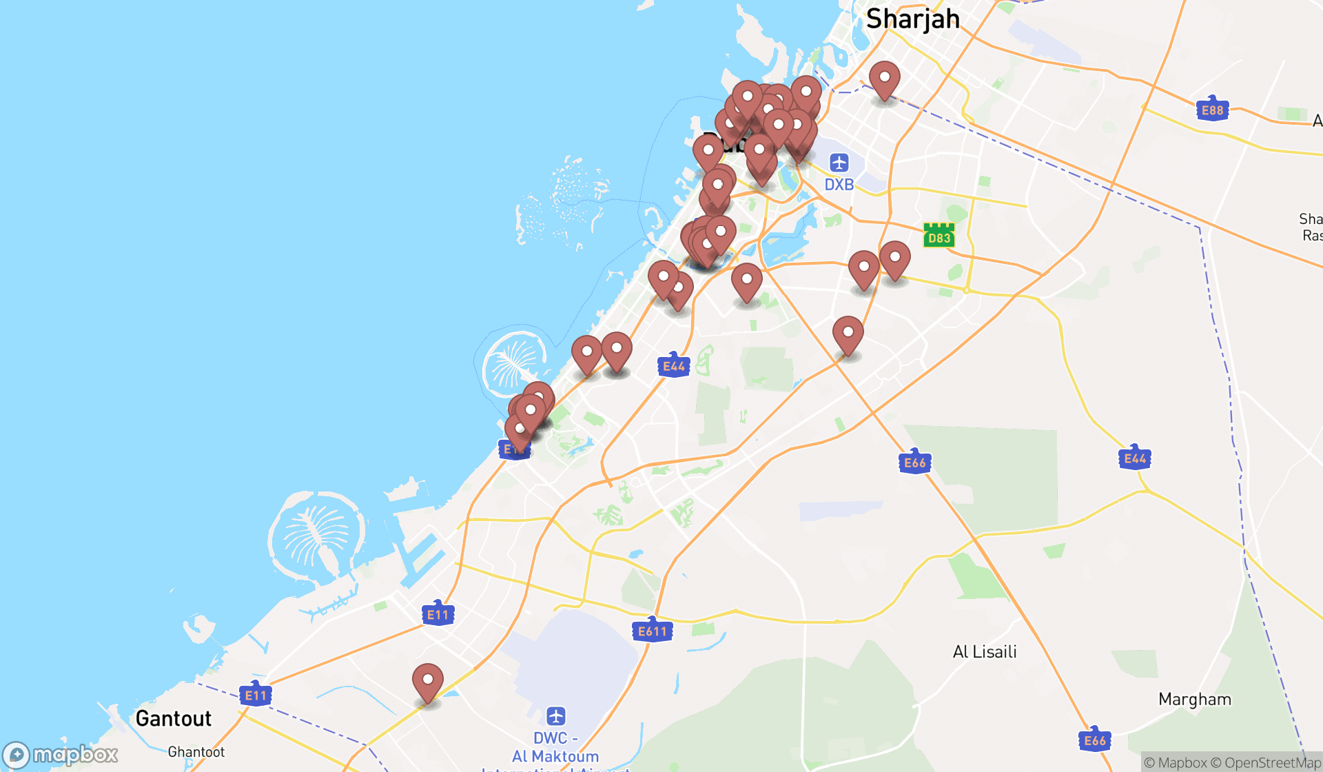 Map showing the search results in Dubai