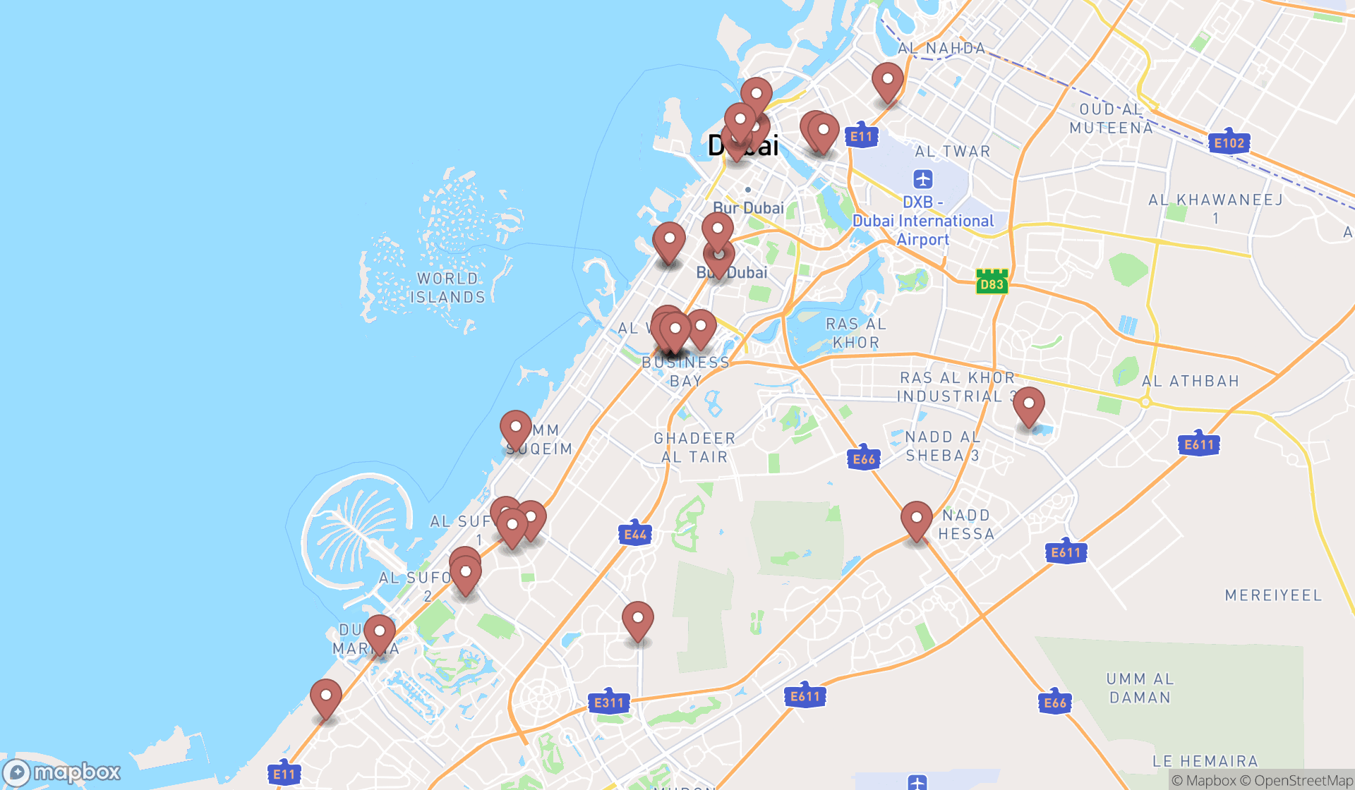 Map showing the search results in Dubai