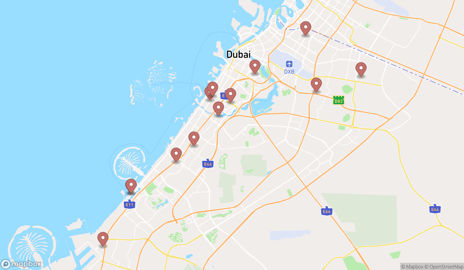 Map showing the search results in Dubai