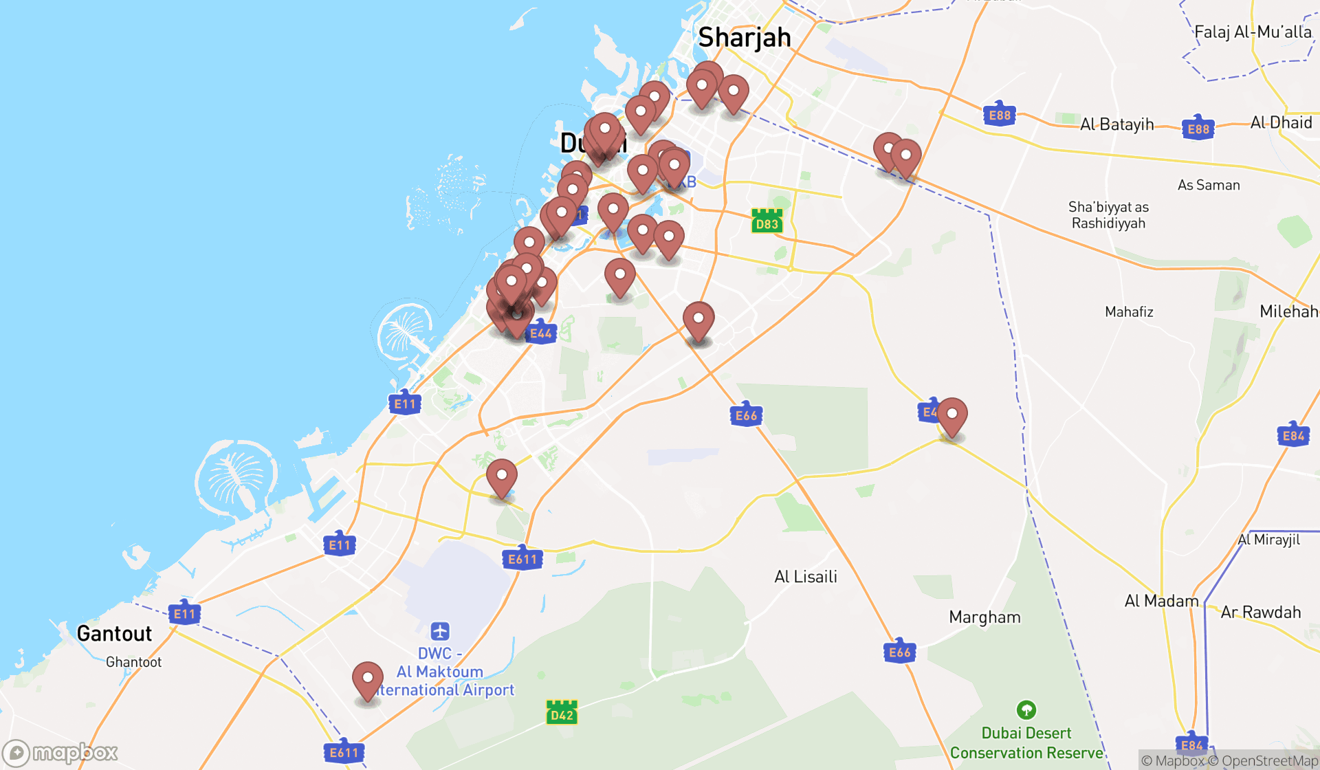 Map showing the search results in Dubai