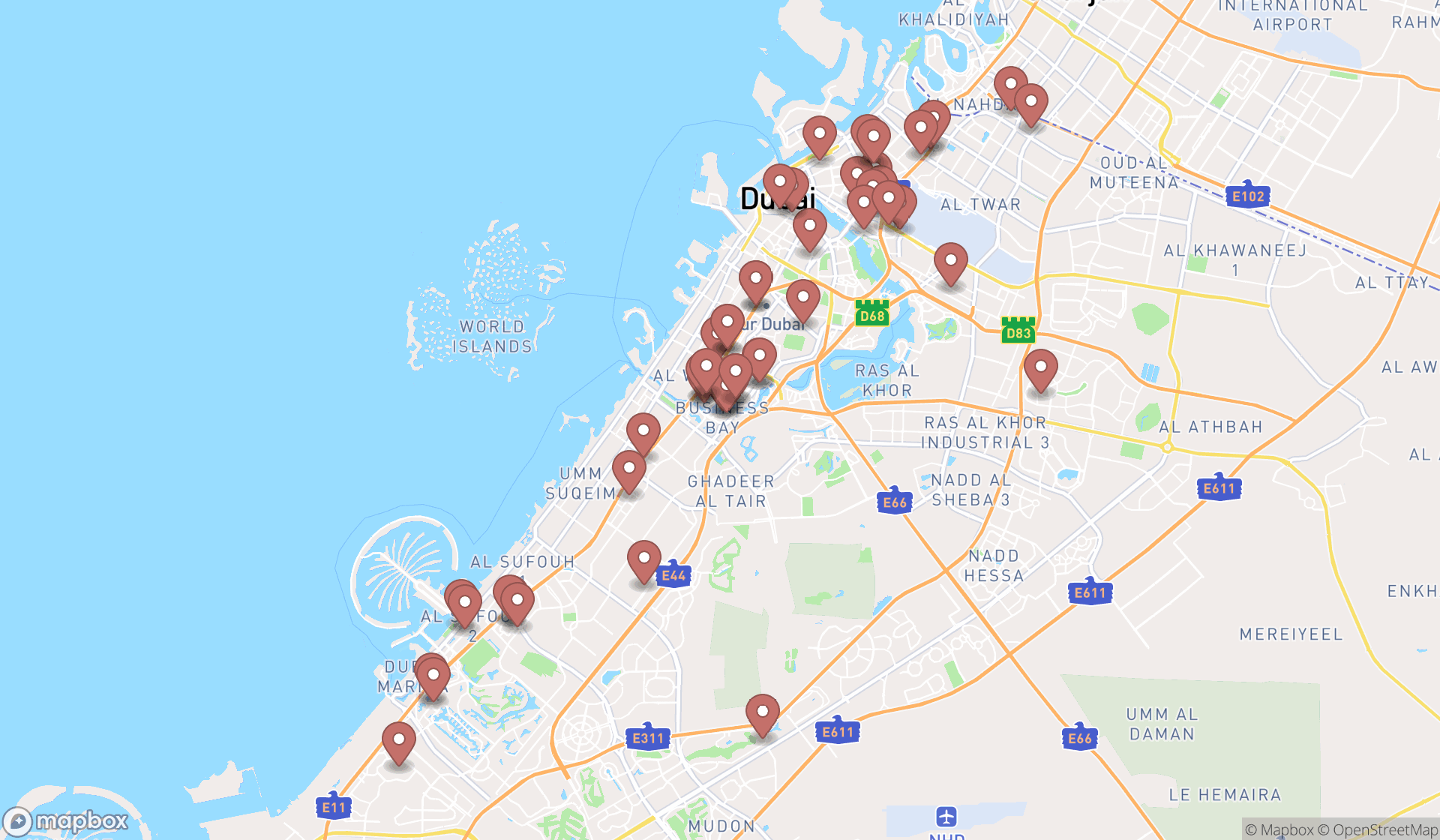 Map showing the search results in Dubai