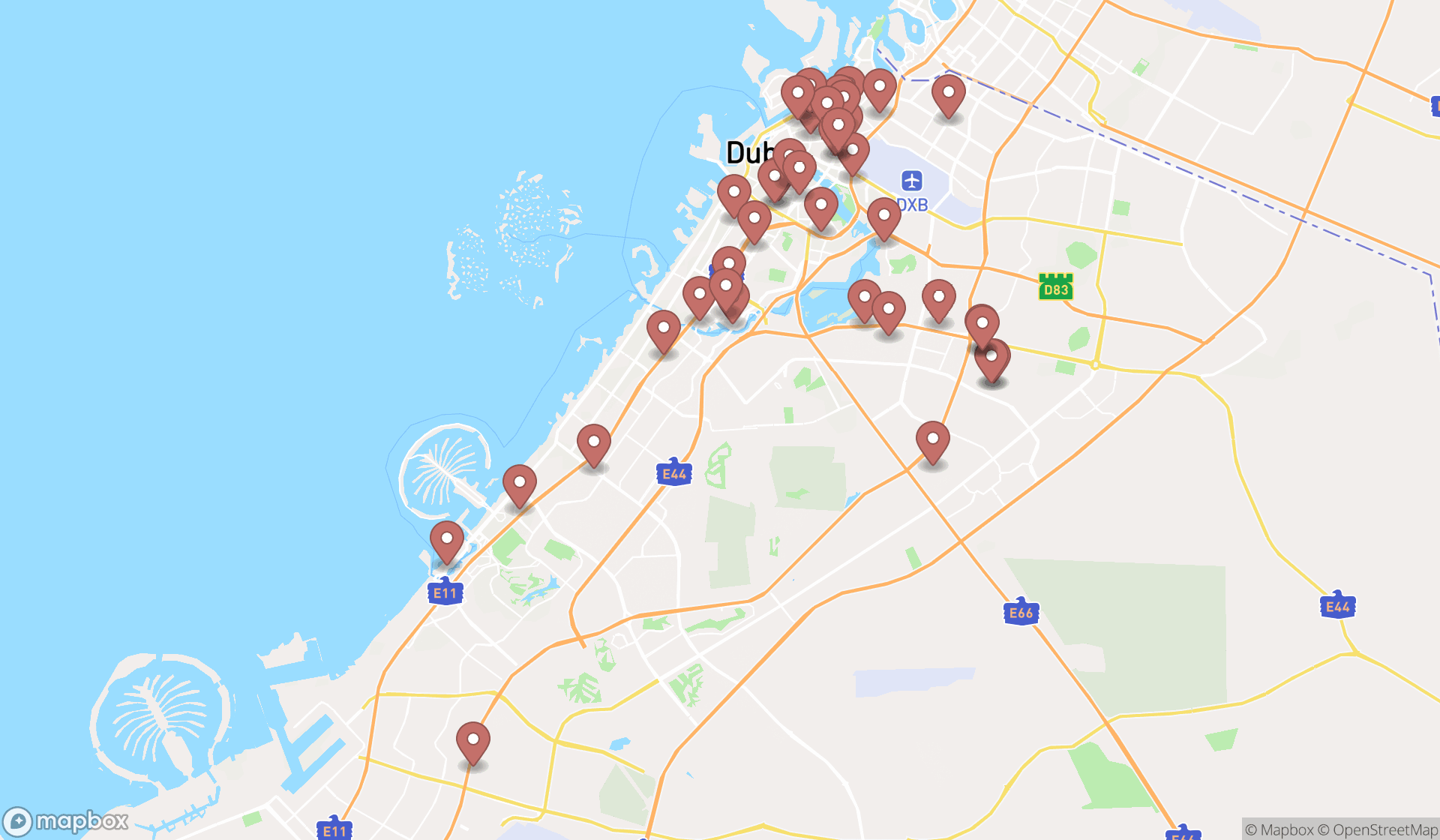 Map showing the search results in Dubai