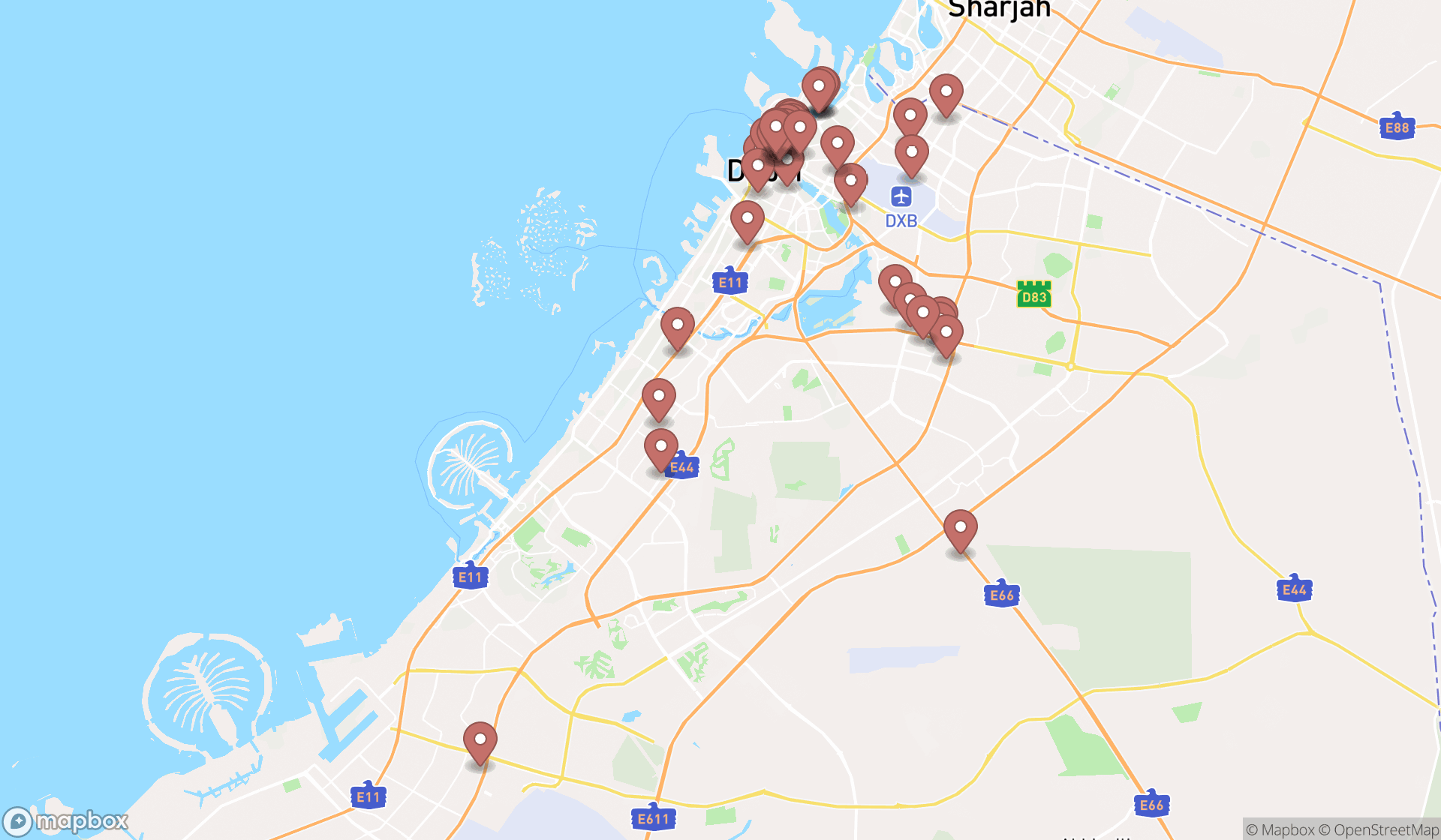 Map showing the search results in Dubai