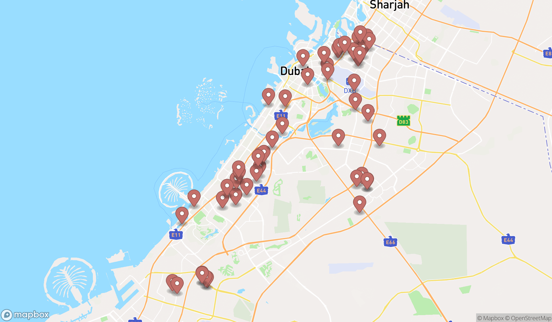 Map showing the search results in Dubai