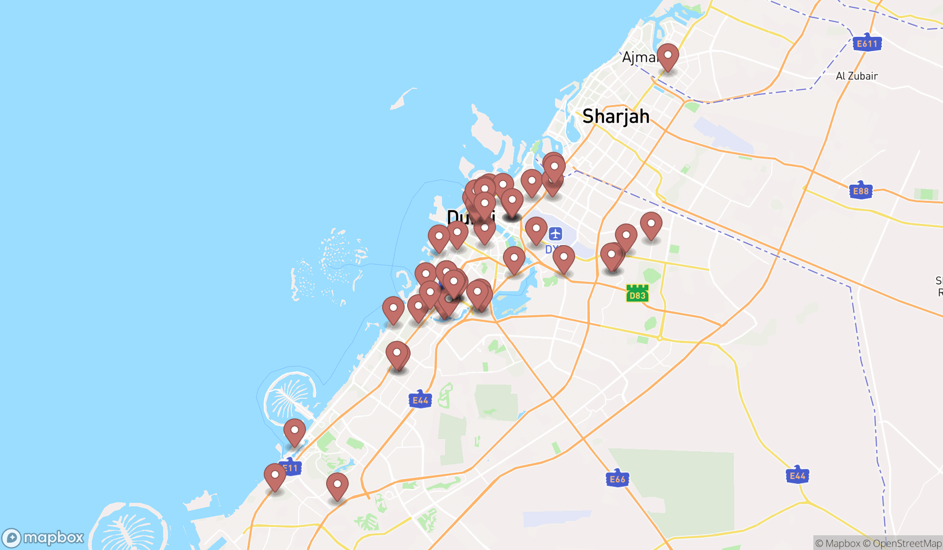 Map showing the search results in Dubai