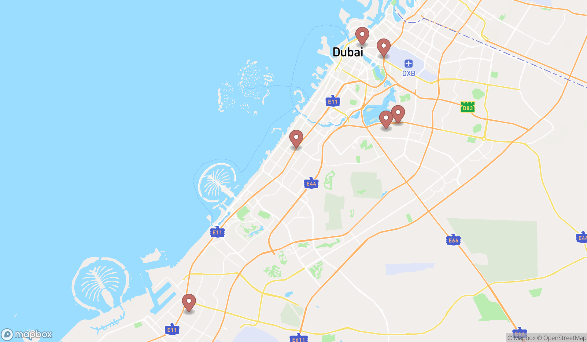 Map showing the search results in Dubai