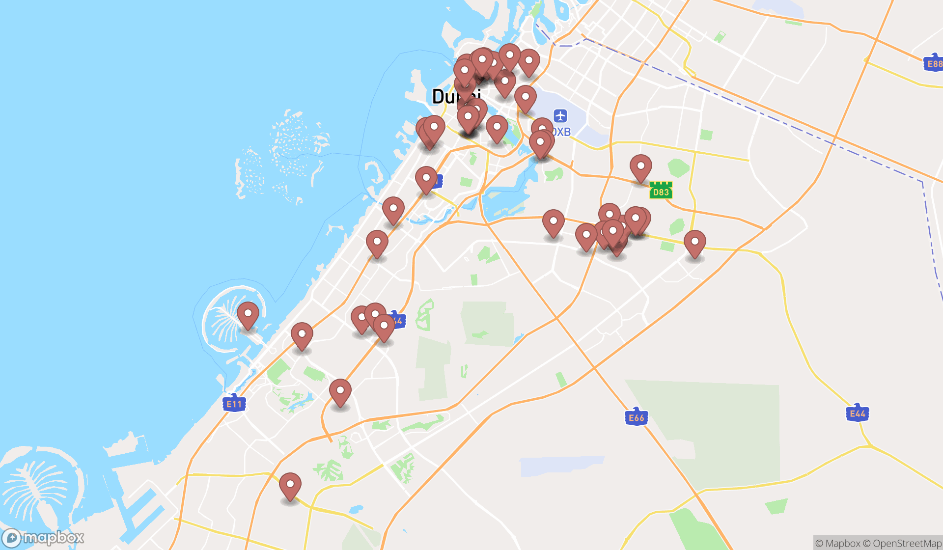 Map showing the search results in Dubai