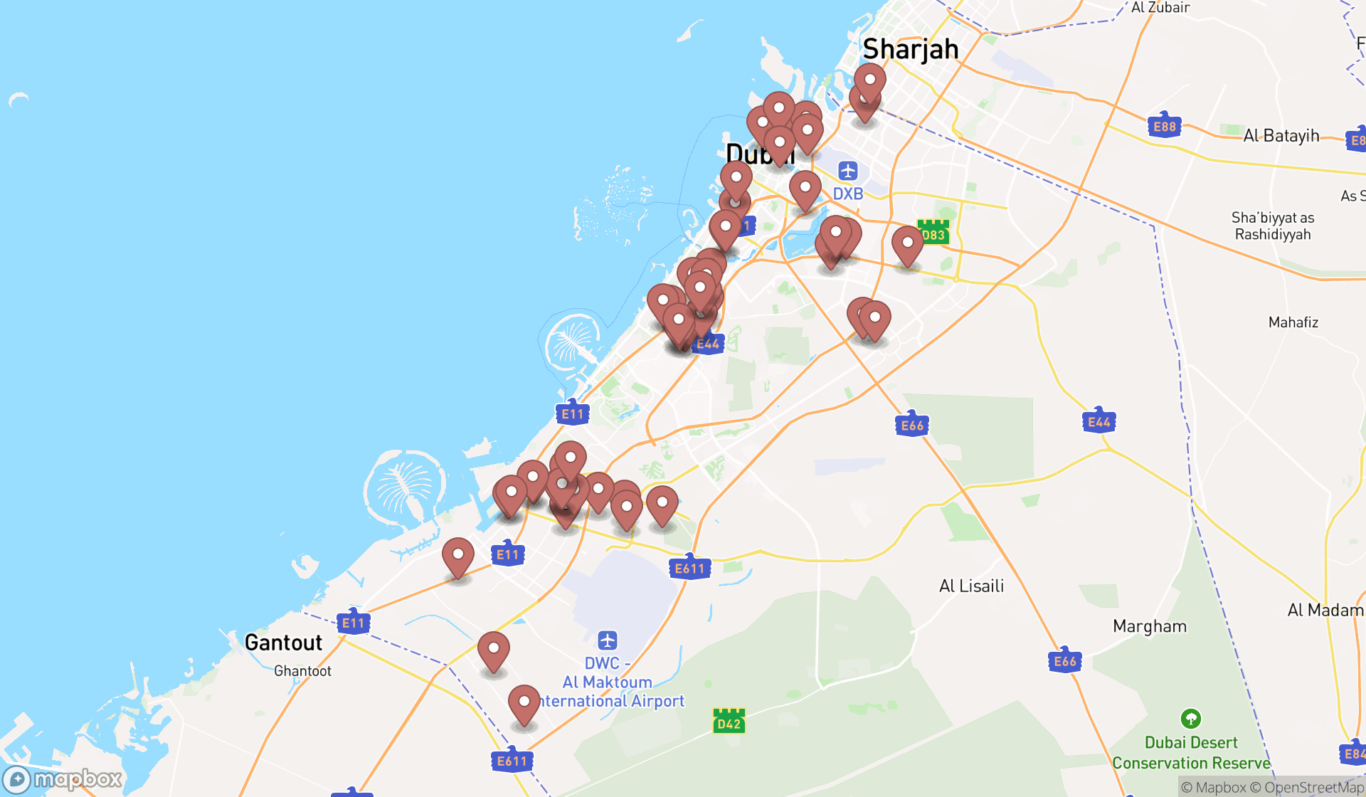 Map showing the search results in Dubai