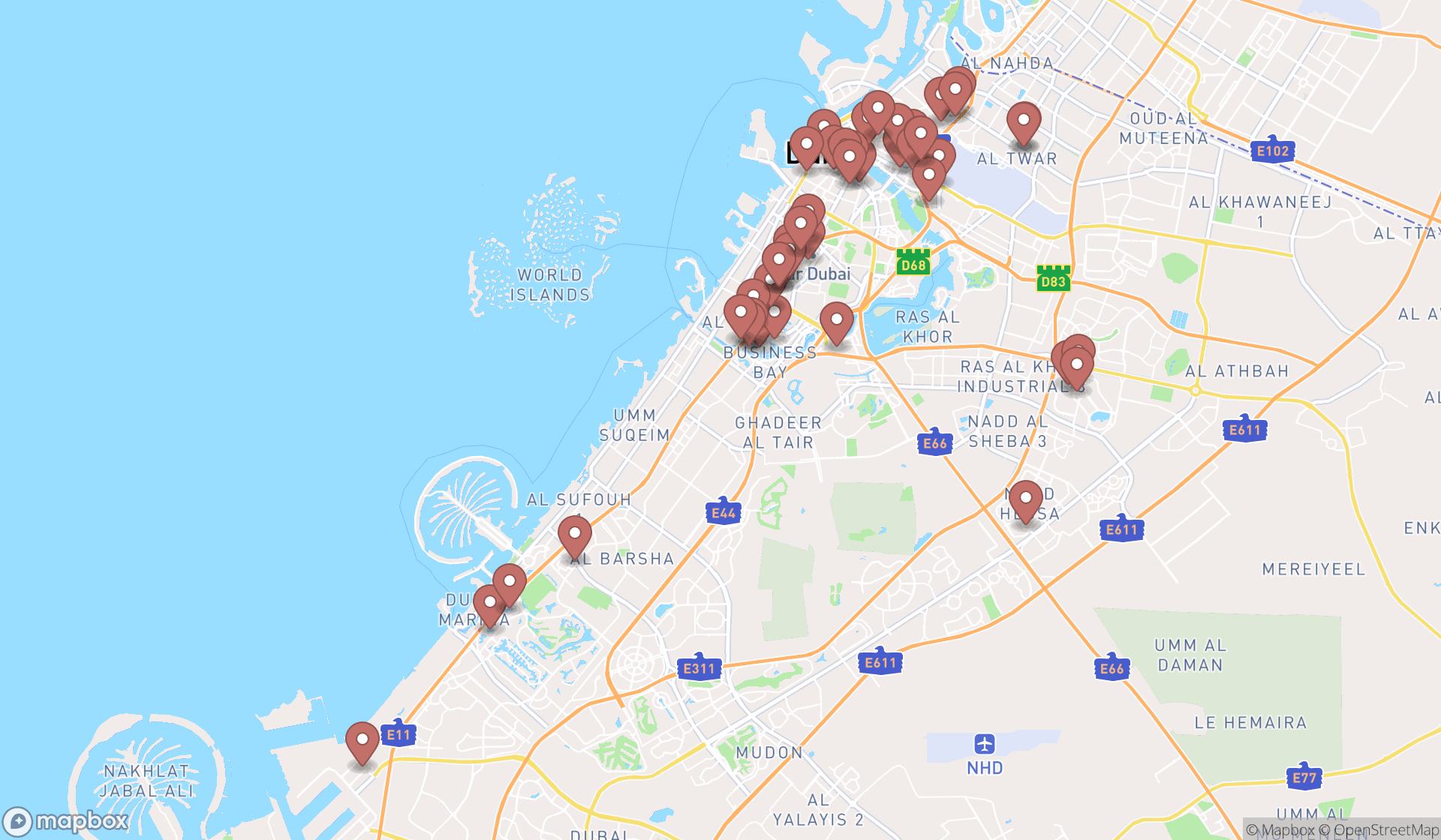 Map showing the search results in Dubai
