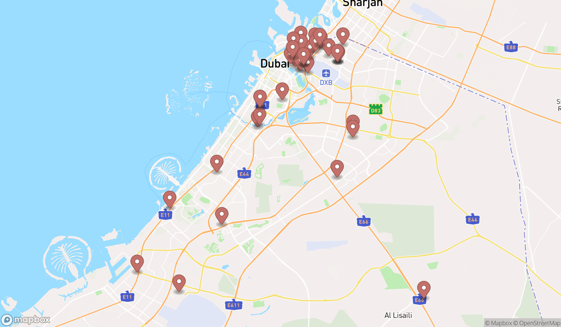 Map showing the search results in Dubai