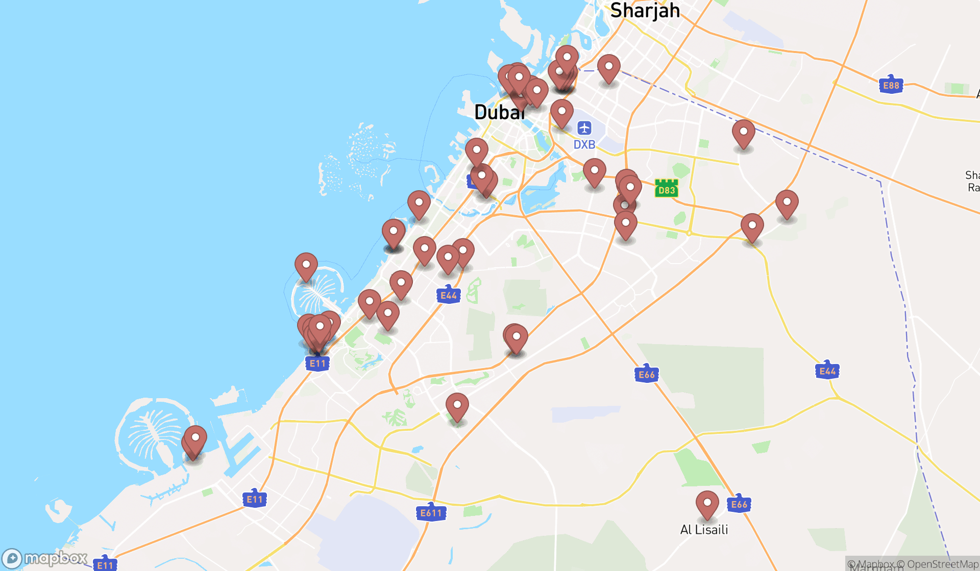 Map showing the search results in Dubai