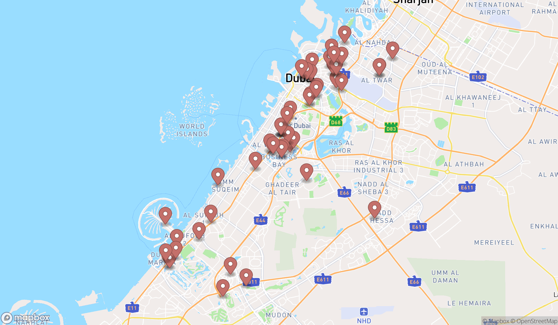 Map showing the search results in Dubai