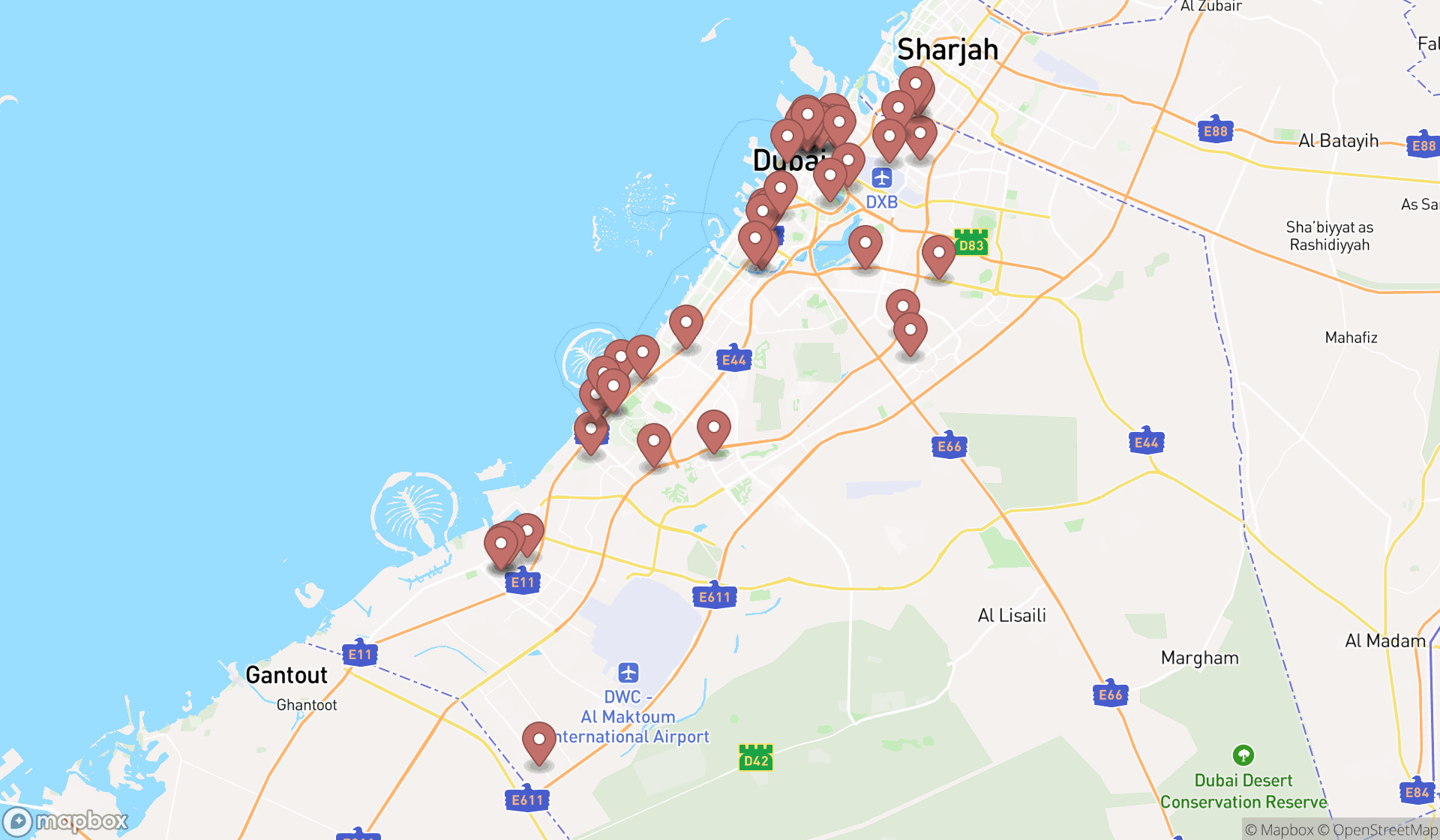 Map showing the search results in Dubai