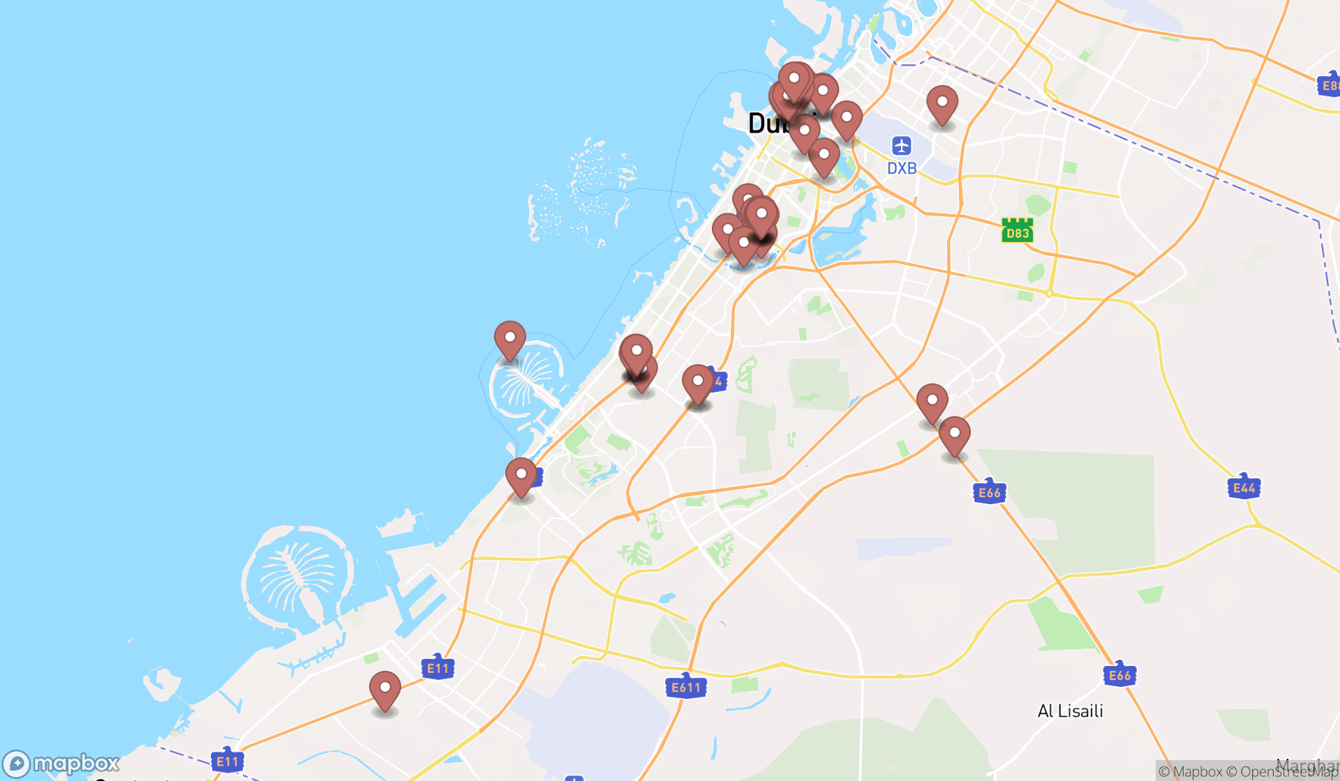 Map showing the search results in Dubai