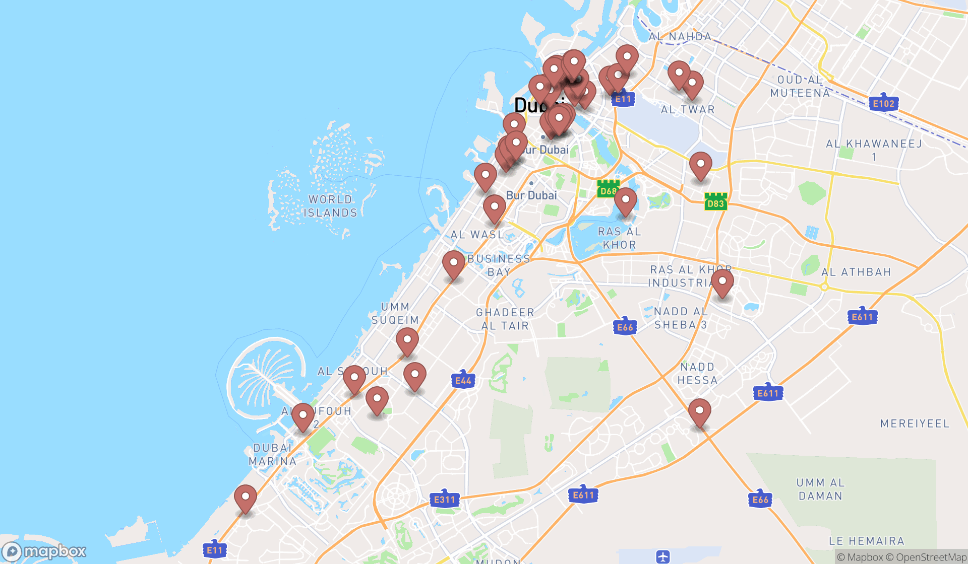 Map showing the search results in Dubai