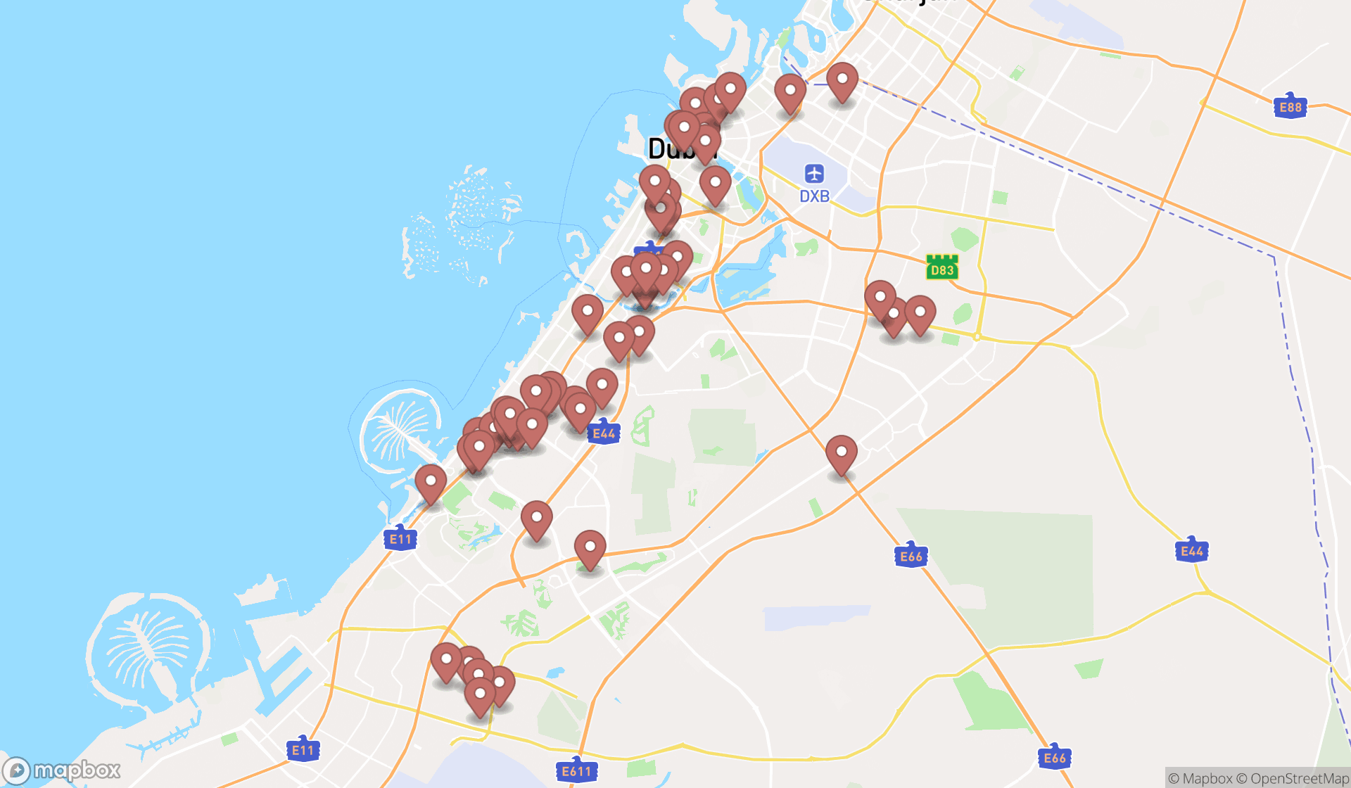 Map showing the search results in Dubai