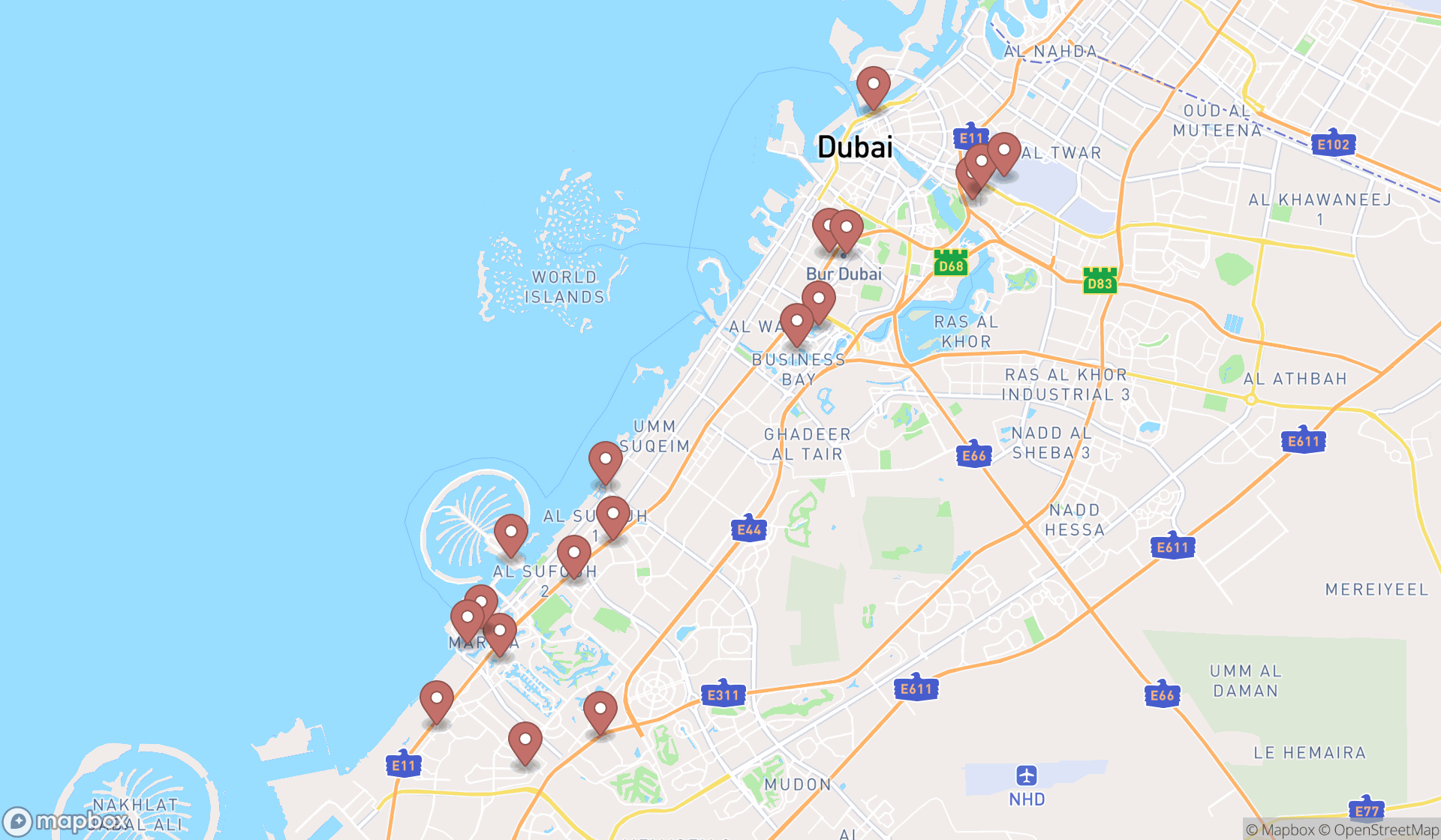 Map showing the search results in Dubai
