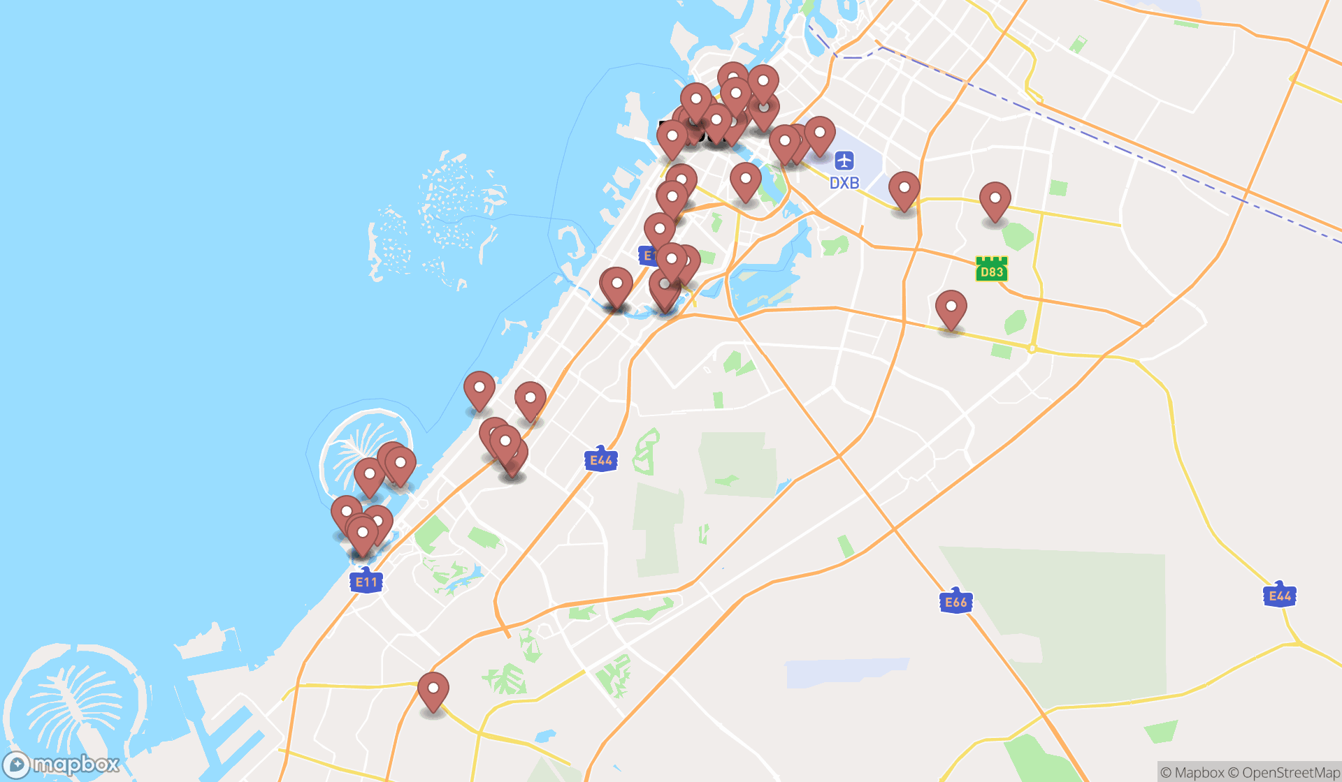 Map showing the search results in Dubai
