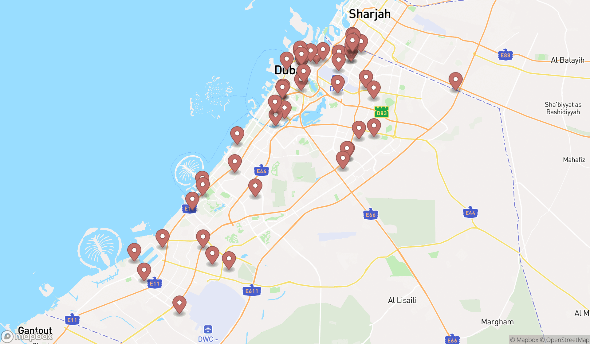 Map showing the search results in Dubai