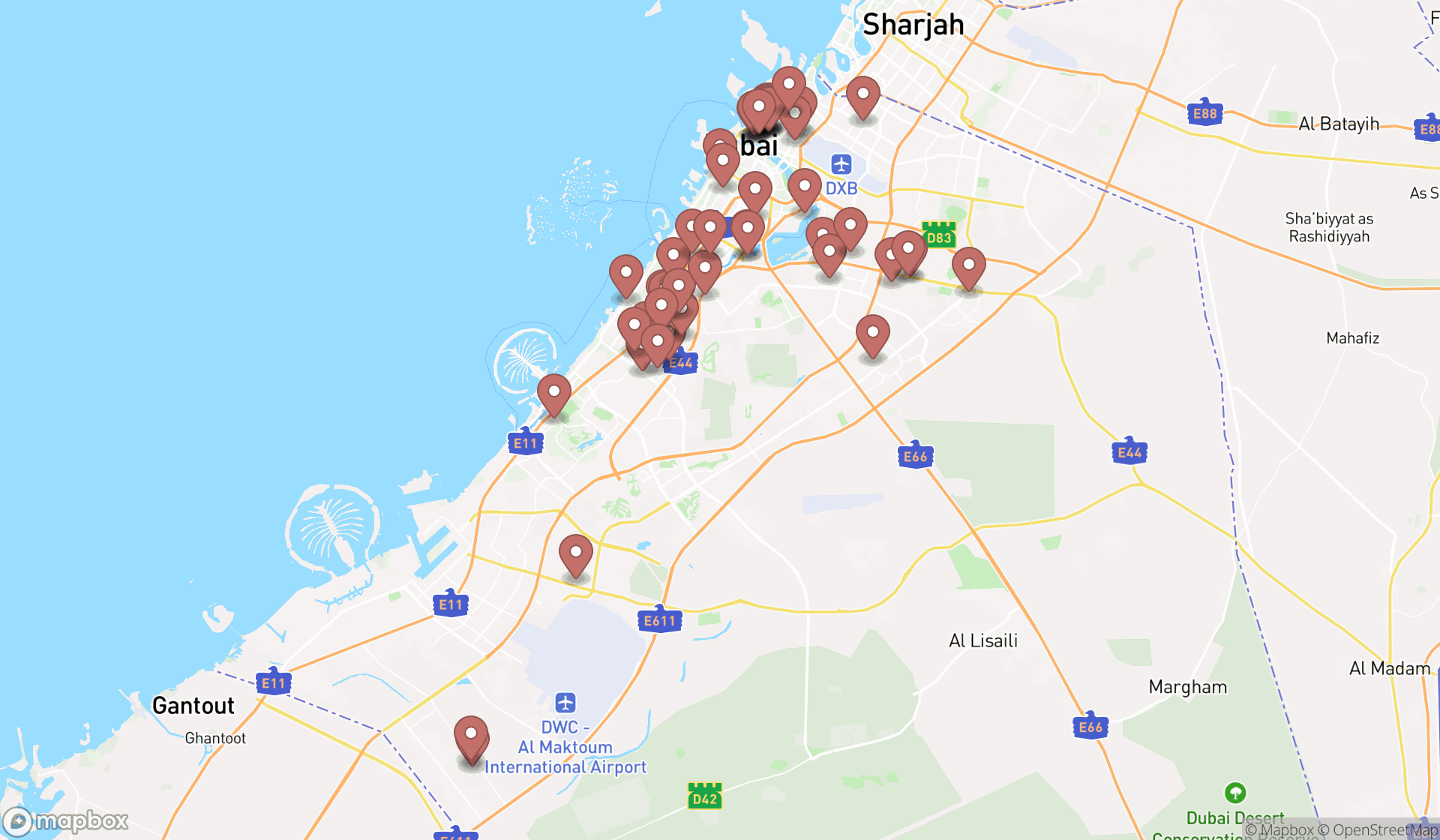 Map showing the search results in Dubai