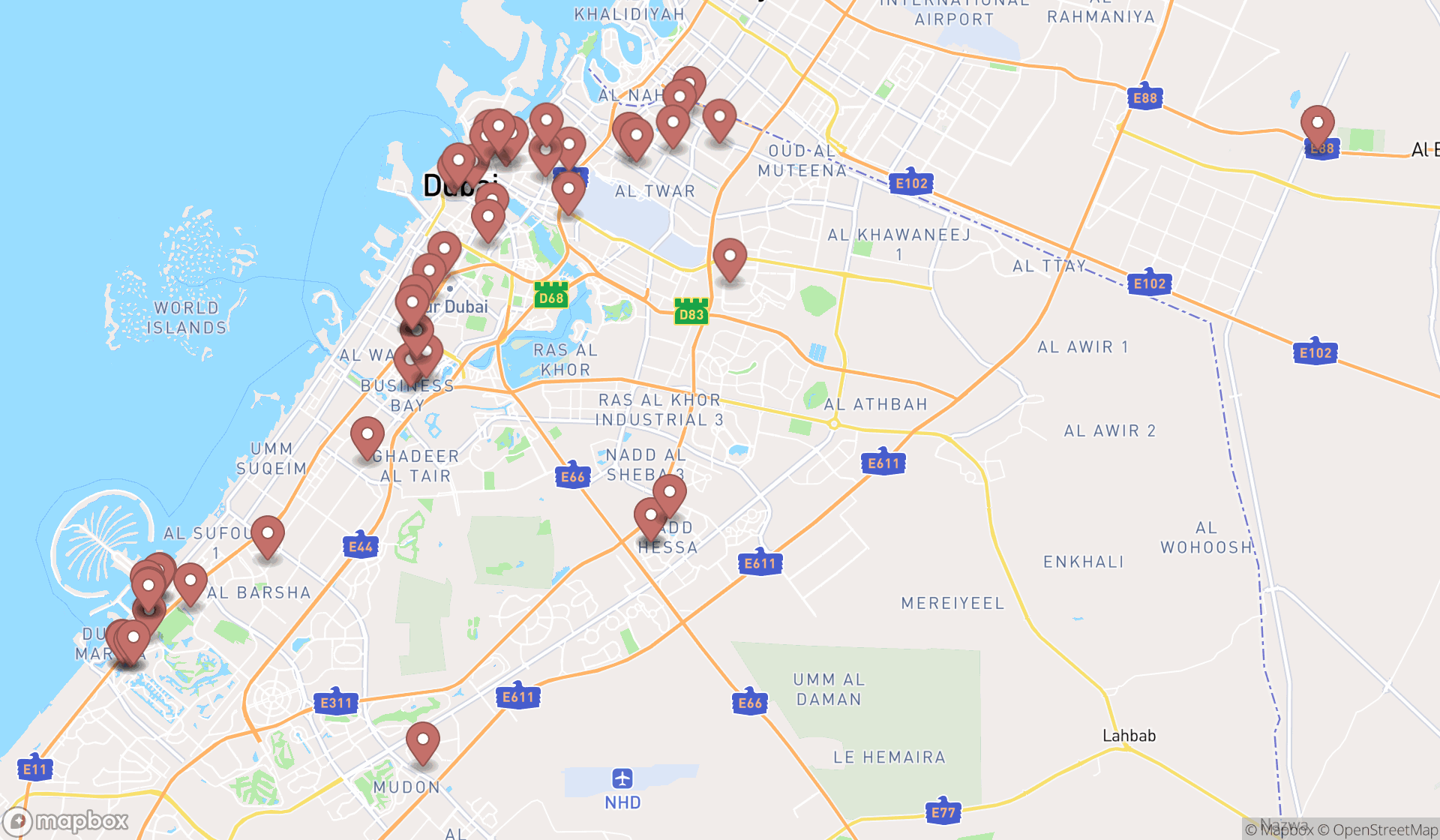 Map showing the search results in Dubai
