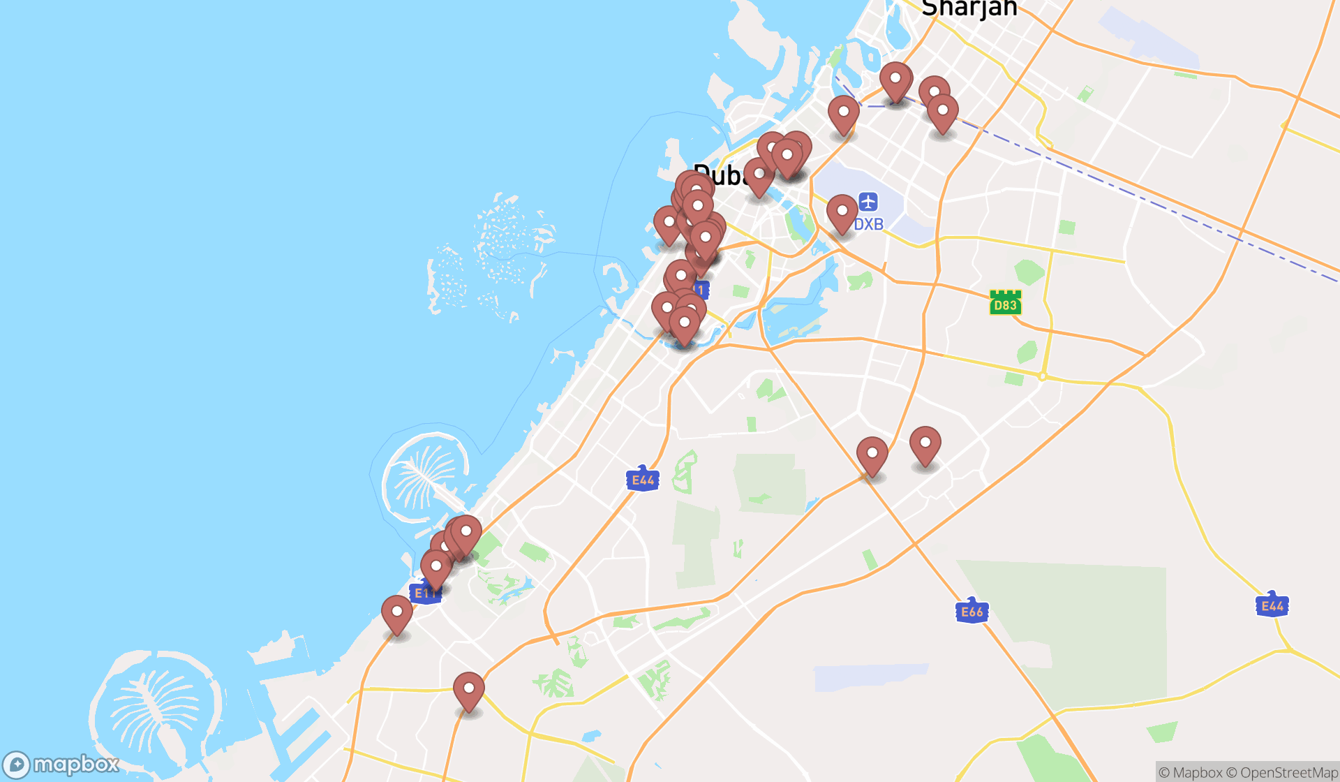 Map showing the search results in Dubai