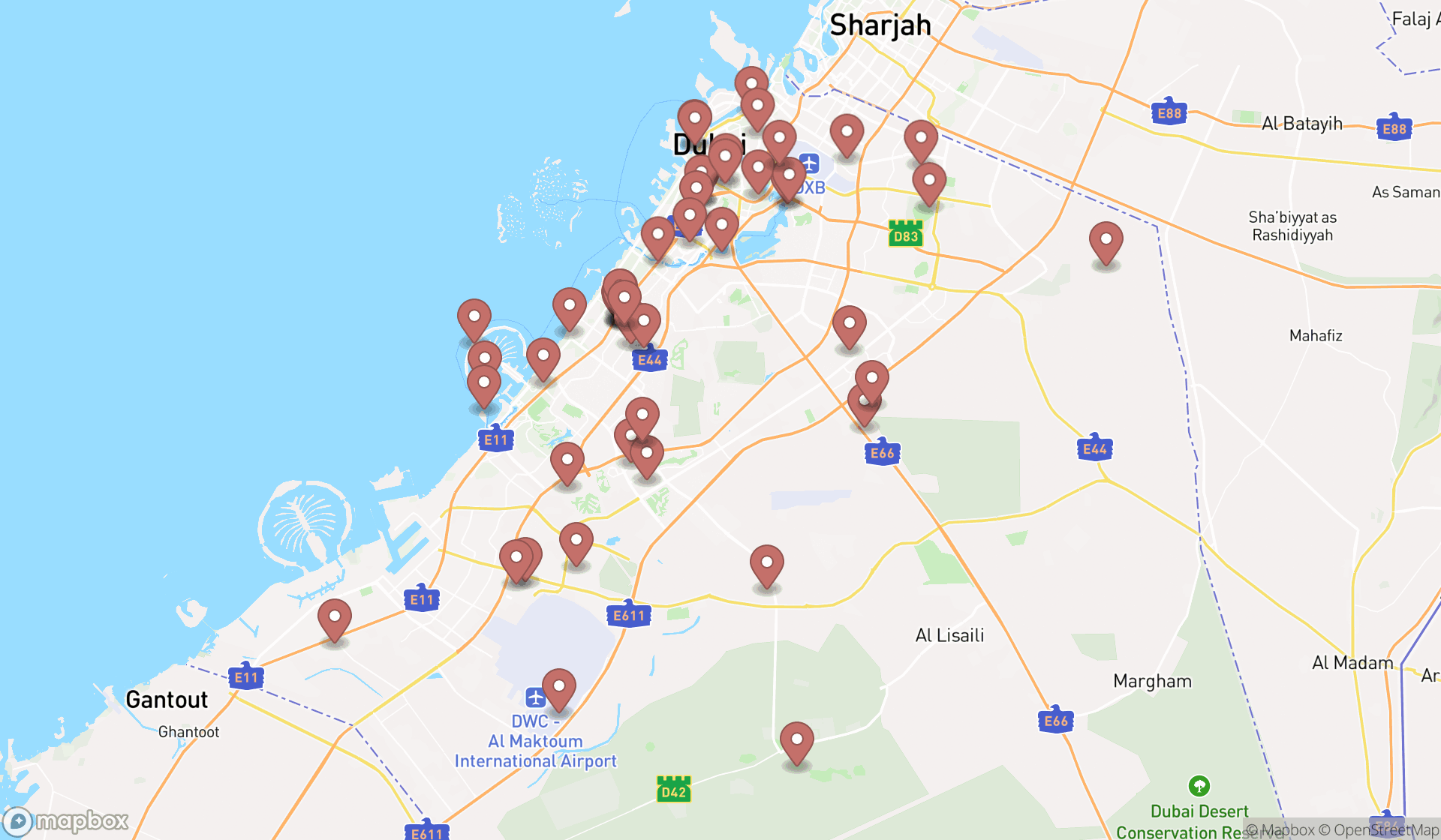 Map showing the search results in Dubai