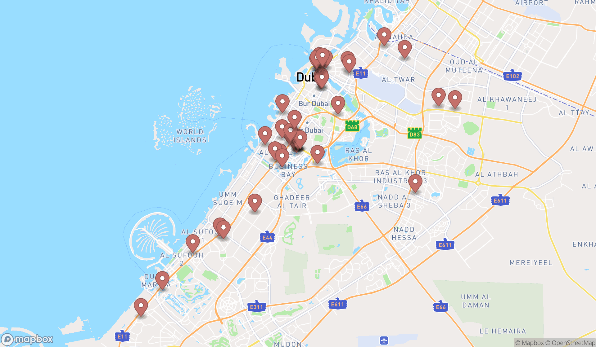 Map showing the search results in Dubai