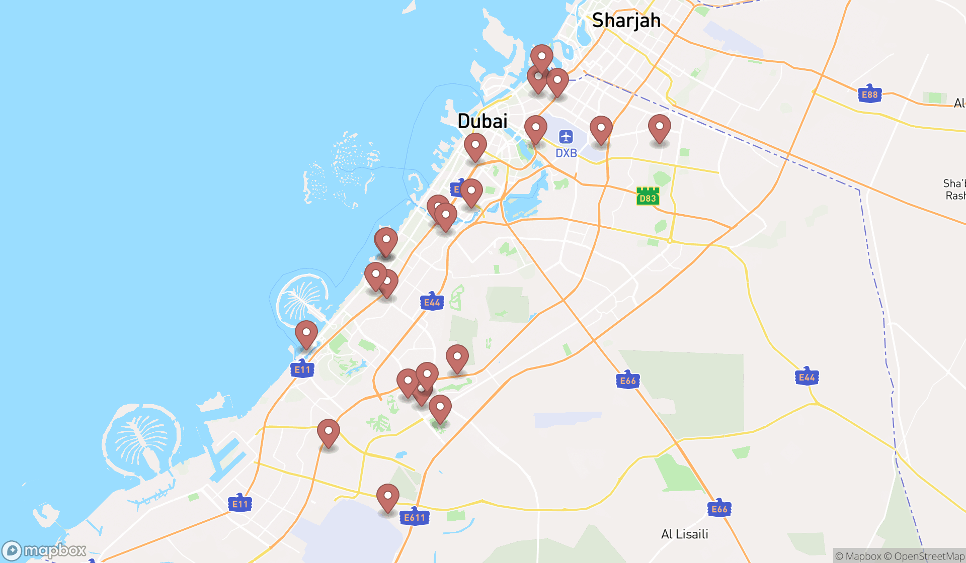 Map showing the search results in Dubai