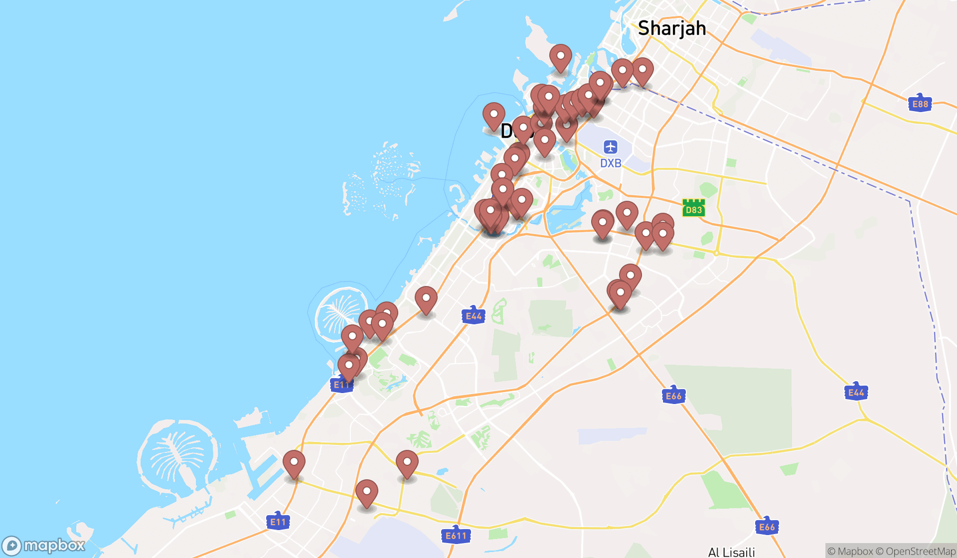 Map showing the search results in Dubai